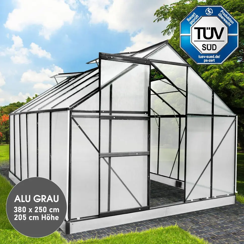 BRAST Aluminium Greenhouse with Base,380 x 250 x 235 cm, TÜV Tested, 6 mm Hollow Chamber Panels, Rustproof/Weatherproof/Temperature-Resistant
