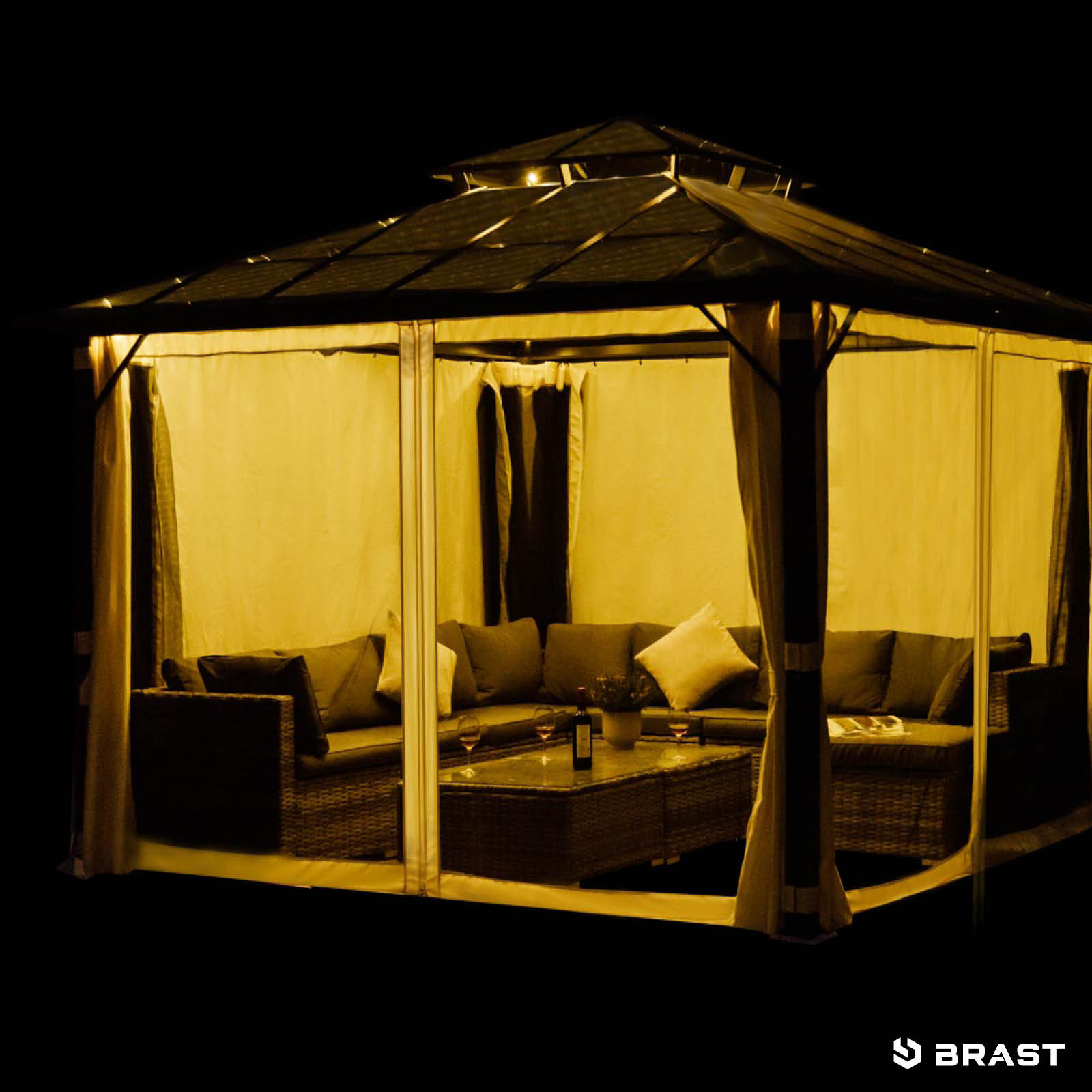 BRAST Alu Pavillon PAGODE 3,5x3,5m beige mit Moskitonetz & LED-Beleuchtung