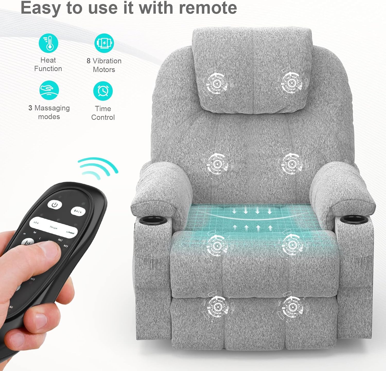 TV armchair is electrically adjustable, an auxiliary massage chair with massage heating function, a high-end armchair, a relaxation chair with feet, 2 side pockets and a drink rack, a USB interface, and is gray