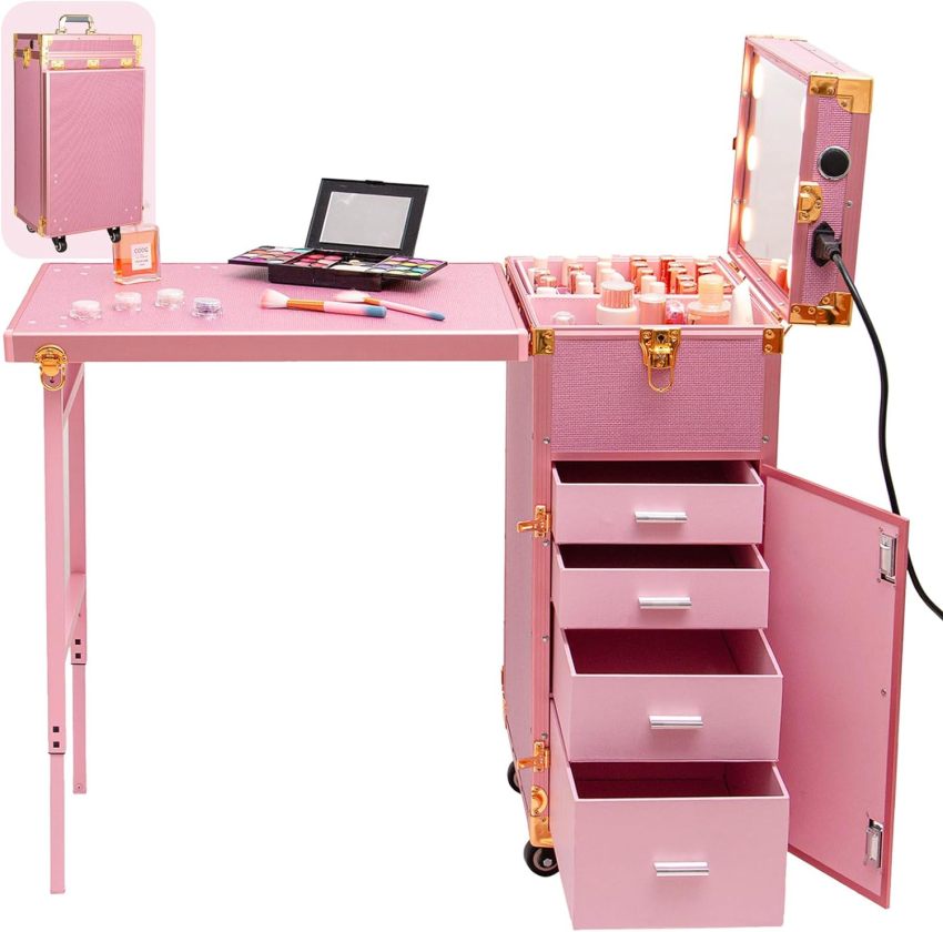 Portable Nail Table, Rolling Manicure Table w/3 Color Light