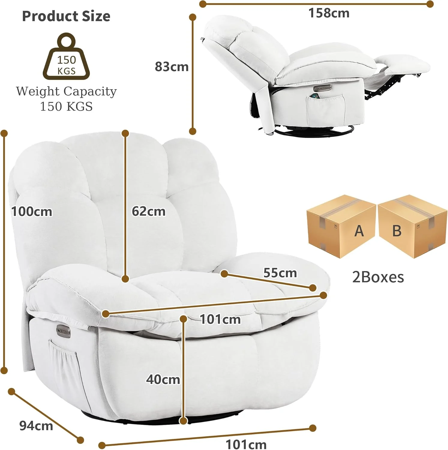 Electric, massage chair with charging and heating connection, TV chair, electrically adjustable living room, backrest and leg stool can be adjusted separately (white)