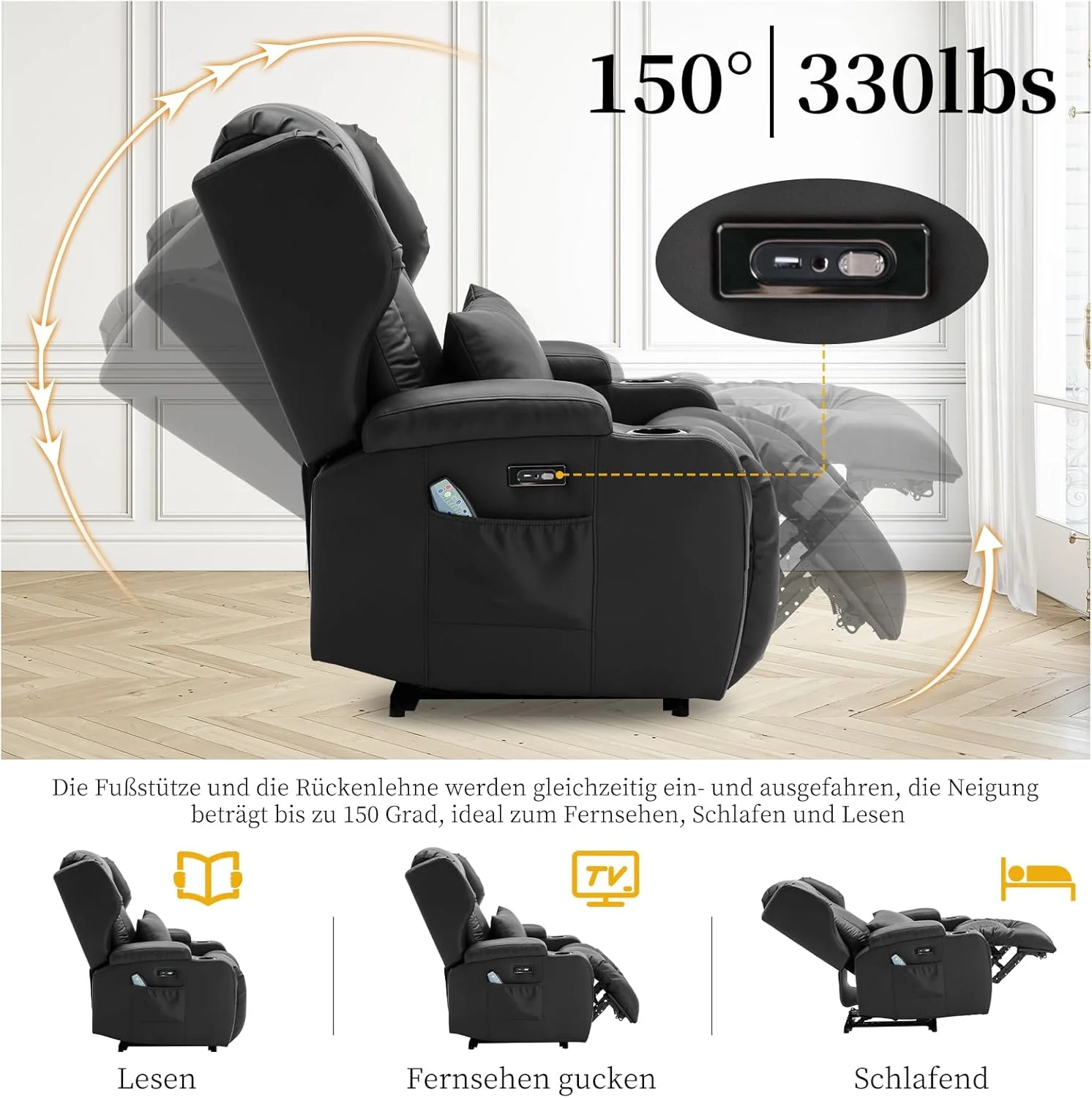 SAMERY relaxation chair, electric massage chair, lounge chair, vibration heating, relaxation chair and lounge chair with LED/USB, cinema armchair, TV armchair, living room bedroom, black 7815