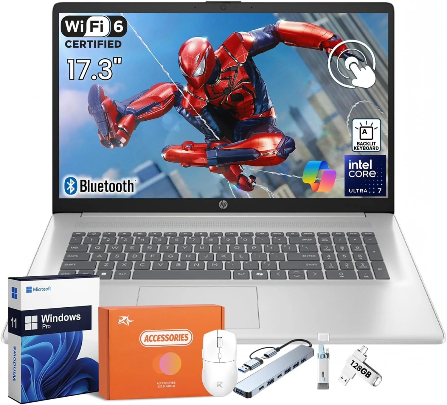 HP 17.3 Touchscreen Laptop Computer, Intel 12-Core Ultra 7 255U, Windows 11 Pro, Wi-Fi 6, Bluetooth 5.4, Intel Built-in AI(12 Tops), HD Camera, Backlit KB, 64GB DDR5, 4TB SSD, Copilot, Accessories