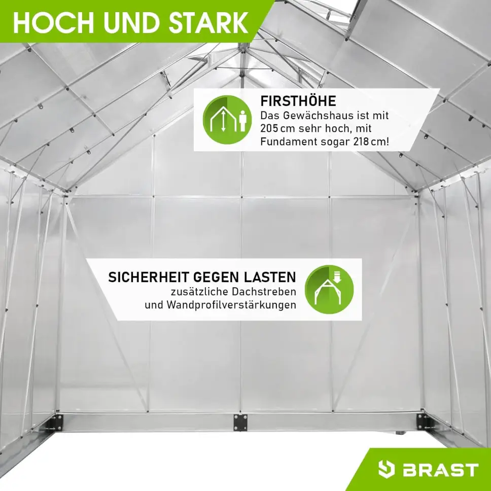 BRAST Aluminium Greenhouse with Base, 250 x 250 x 205 cm, TÜV Tested, 6 mm Hollow Chamber Panels Rustproof, Weatherproof, Temperature-Resistant