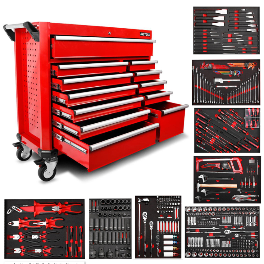 Daytona D655PS 655-Piece Machinery Tool Set with 43-Inch 12-Drawer Red Roller Cabinet