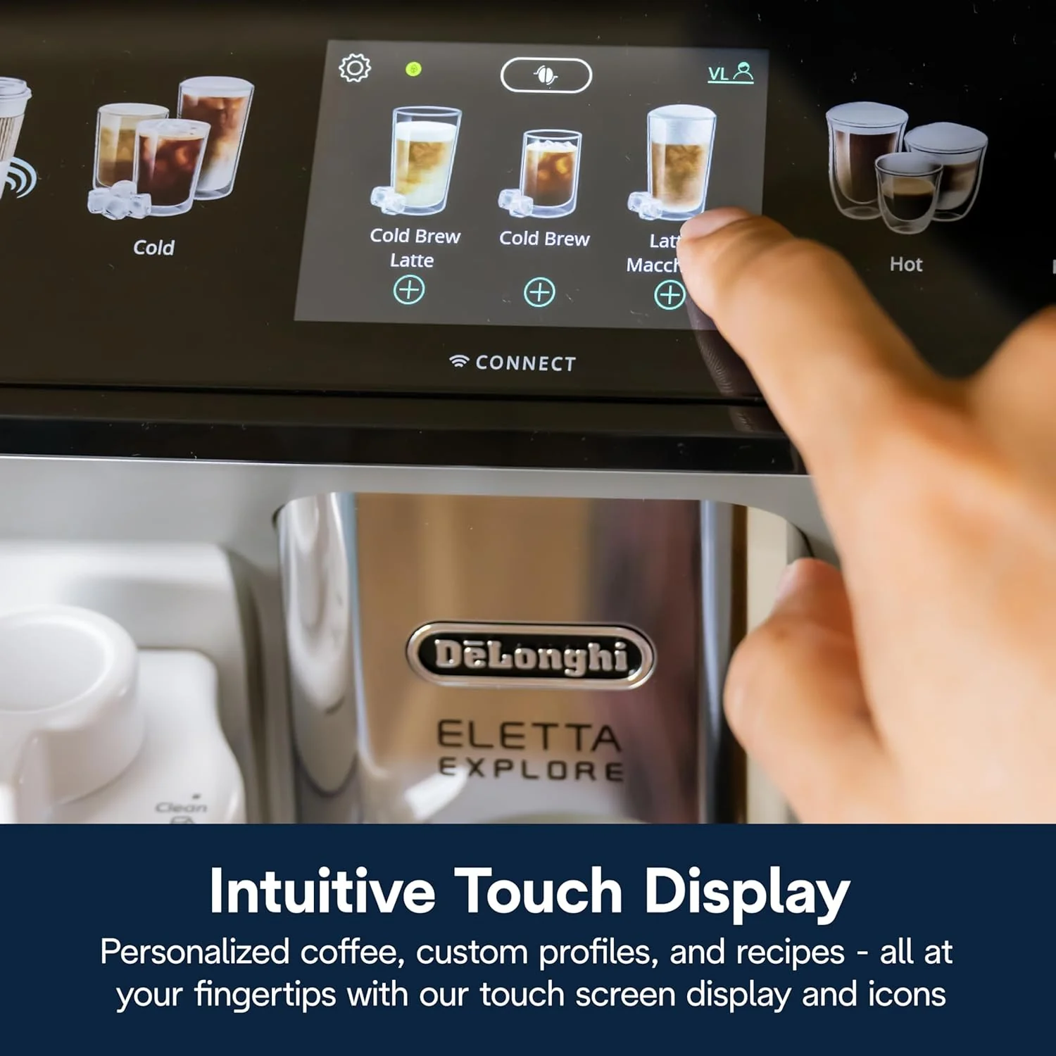 De'Longhi Eletta Explore Espresso Machine with Cold Brew, Hot & Cold Milk Frother - 50+ Recipes, Built in Grinder, User Profiles, Smartphone Compatible with Bean Adapt Technology for Ideal Extraction