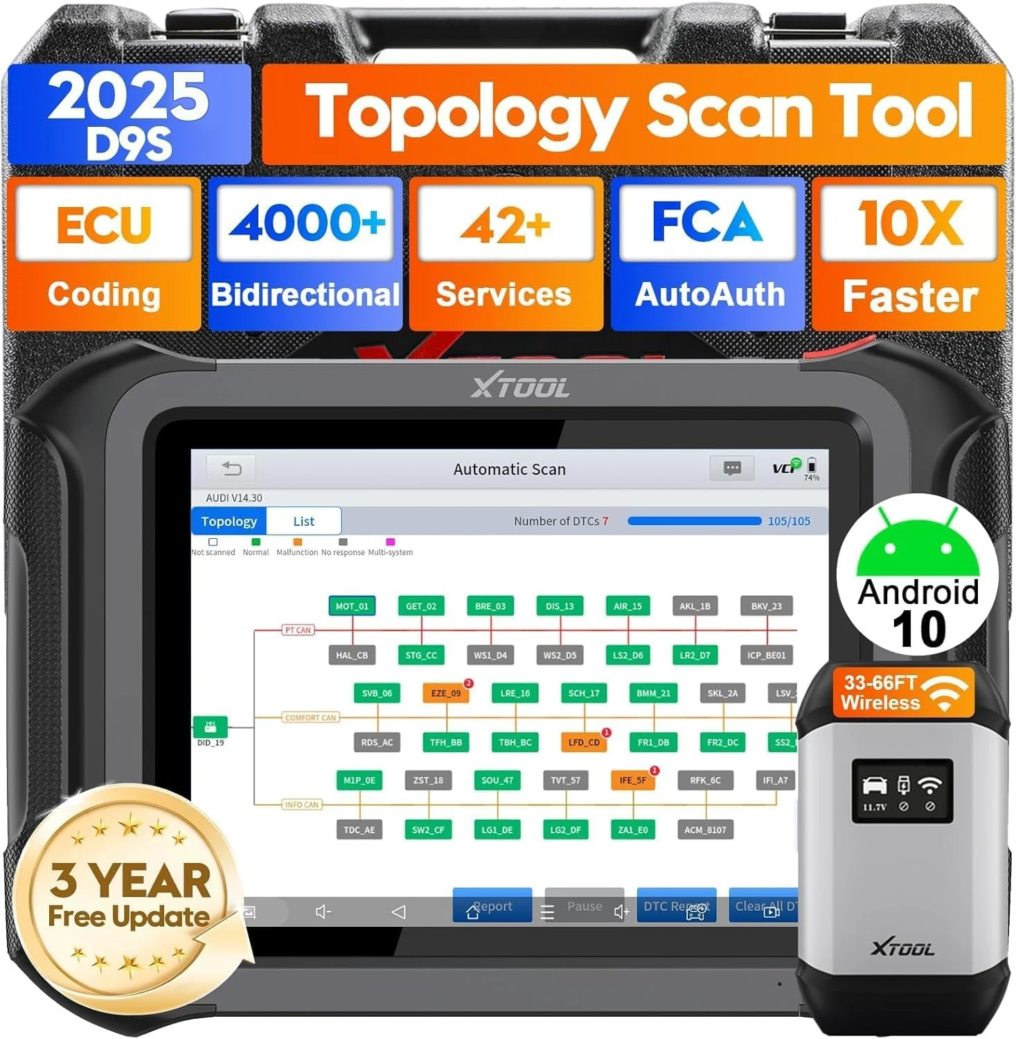 XTOOL D9S Automotive Scanner Diagnostic Tool, 2025 V2.0 Version with FCA AutoAuth, Upgrade of D9, Topology Map, Bidirectional Scan Tool, ECU C0ding, 45+ Resets, DoIP/CAN FD, 3 Years Update
