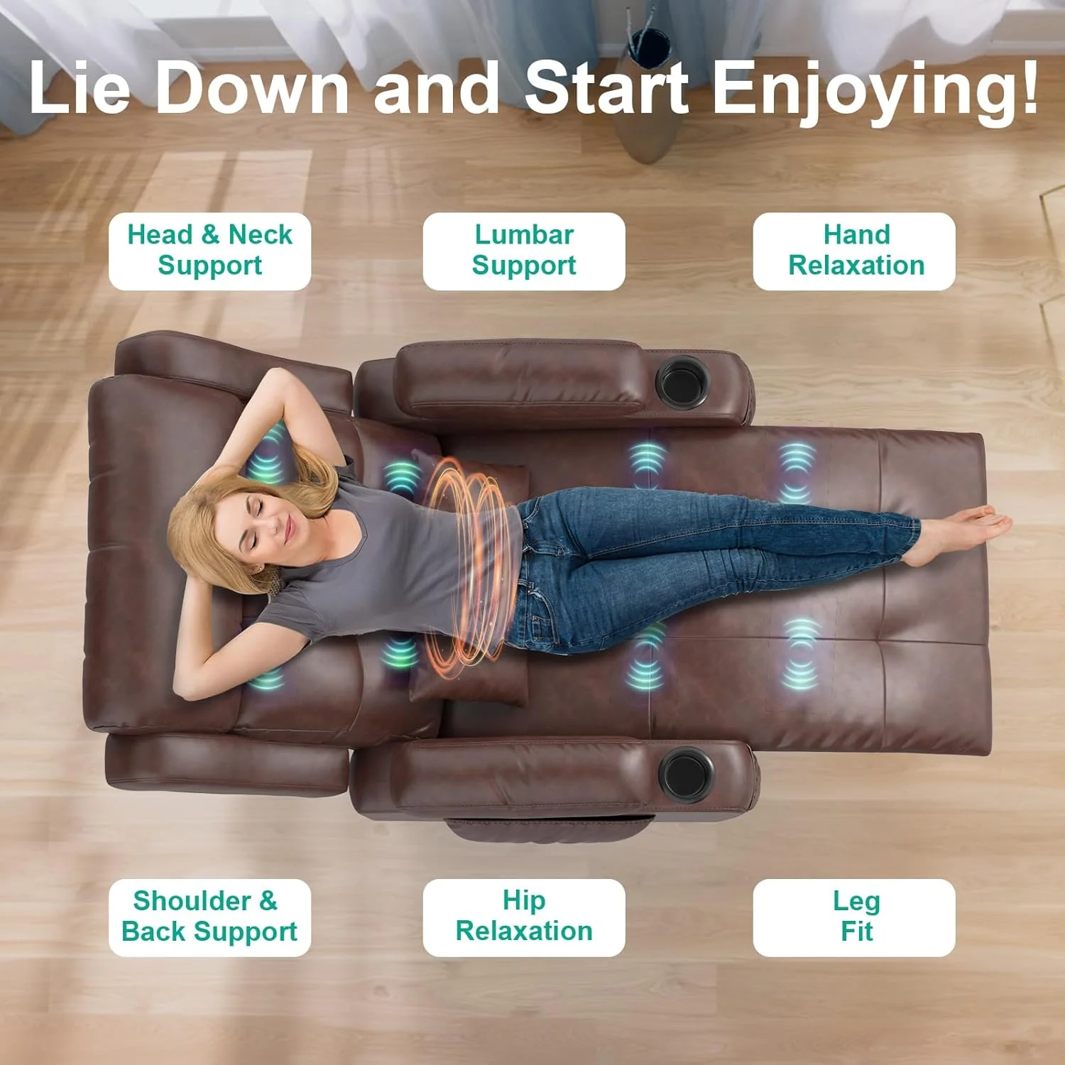 Relaxation chair, TV chair, electrically adjustable massage chair with heating function, footstool, 2 side bag drink racks, C-shaped and USB ports, living room TV chair