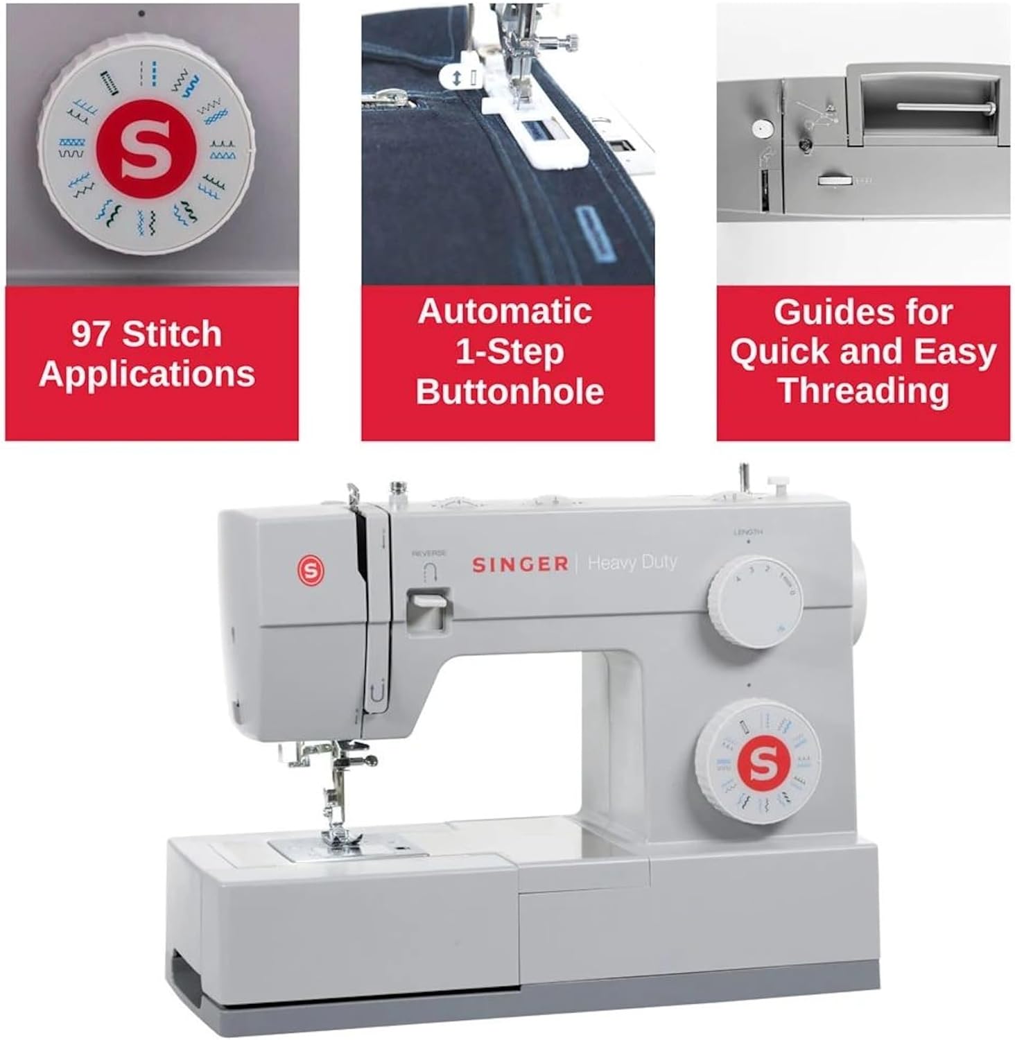 SINGER Heavy Duty 4423 High Speed Sewing Machine with Accessory Kit | Strong Motor With Enhanced Piercing Power, 97 Stitch Applications, Full Metal frame, 1-step Buttonhole & LED Light