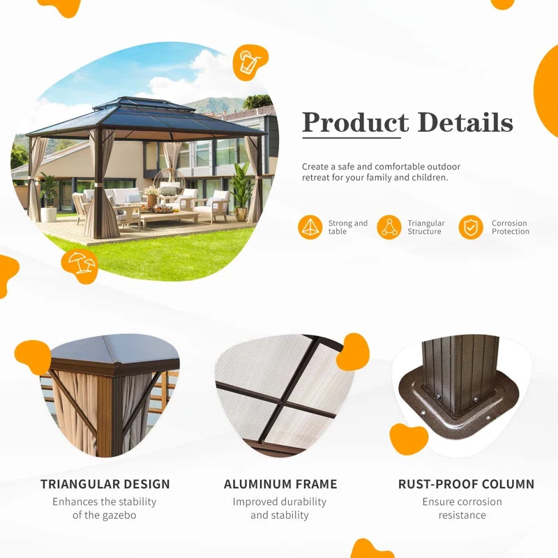 16 Ft. W x 12 Ft. DAluminum Patio Hardtop Gazebo