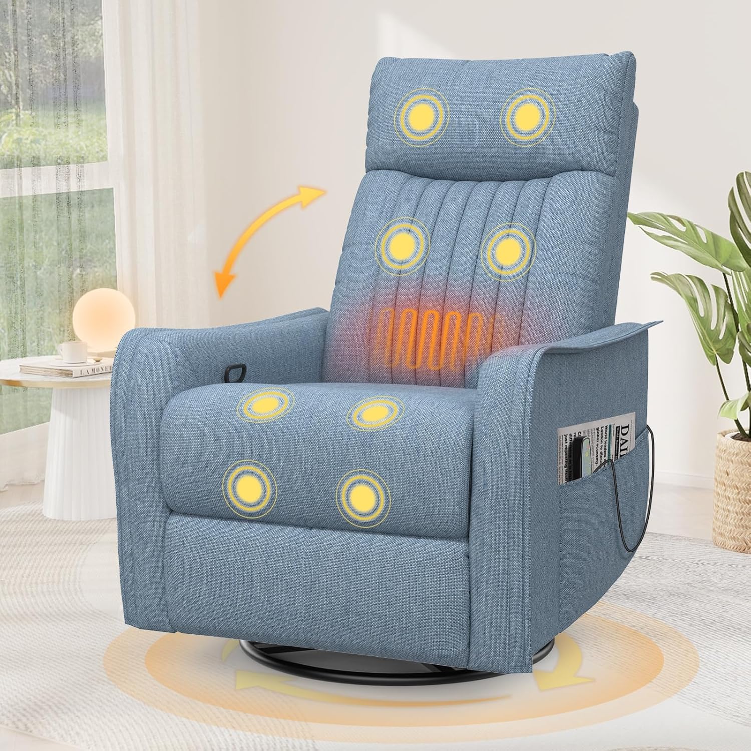 TV armchair with lounge chair, massage chair, relaxation chair with heating and massage, 360° rotating TV armchair, living room, swing chair with soft cushion headrest, 2 side pockets