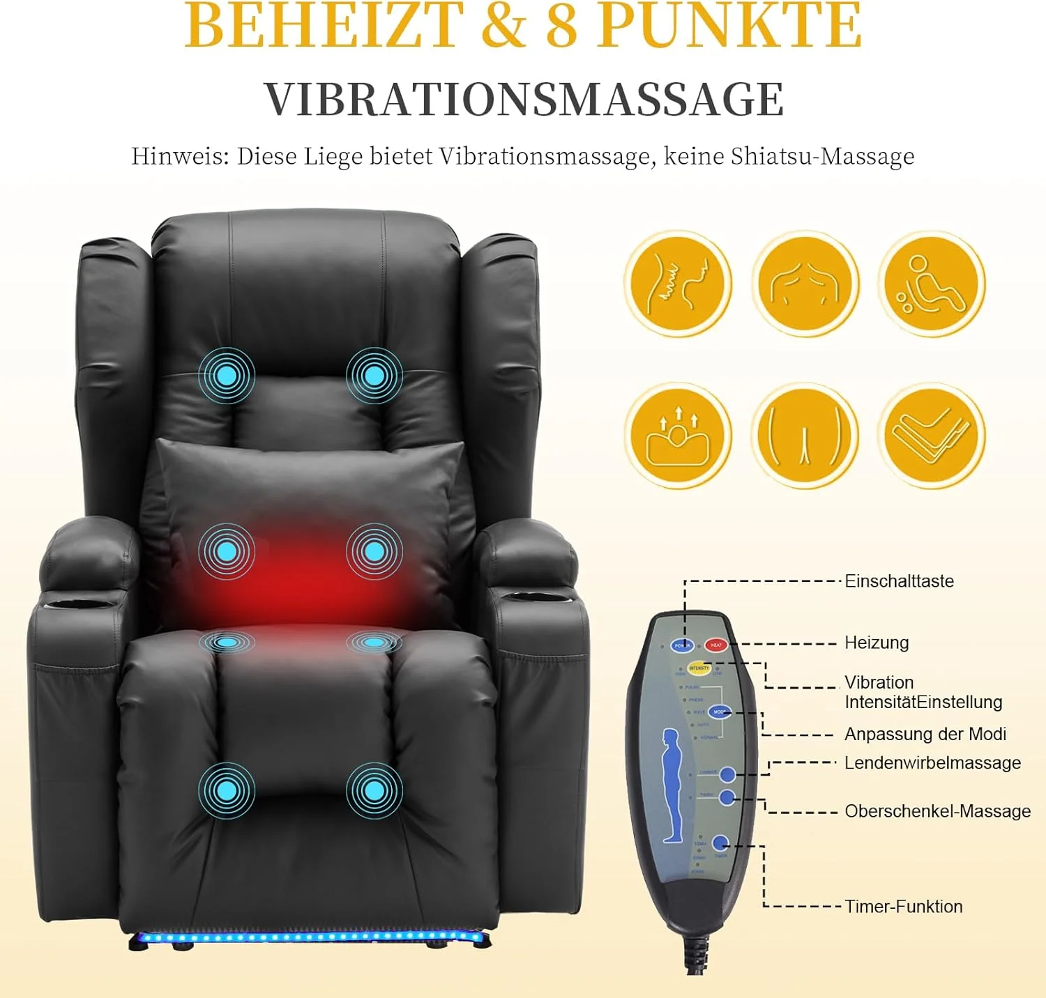 SAMERY relaxation chair, electric massage chair, lounge chair, vibration heating, relaxation chair and lounge chair with LED/USB, cinema armchair, TV armchair, living room bedroom, black 7815