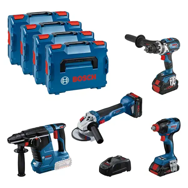 BOSCH COMBI-KIT 4 18V TOOLS: GSR 18V-110C + GDX 18V-210C + GWS 18V-10 + GBH 18V-24C + 1 4.0 AH BATTERY (PROCORE) + 2 5.5 AH BATTERIES (PROCORE) + GAL 1880CV ( L)PROFESSIONAL