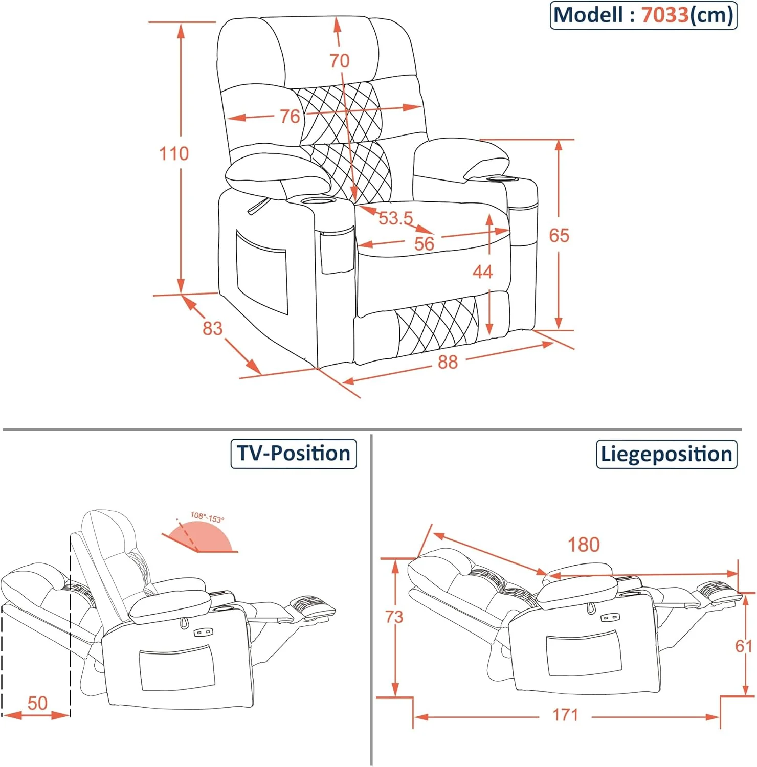 Lounge chair, electrically adjustable TV chair, lounge chair, breathable leather, USB and drink rack, lounge, 7033 (brown)