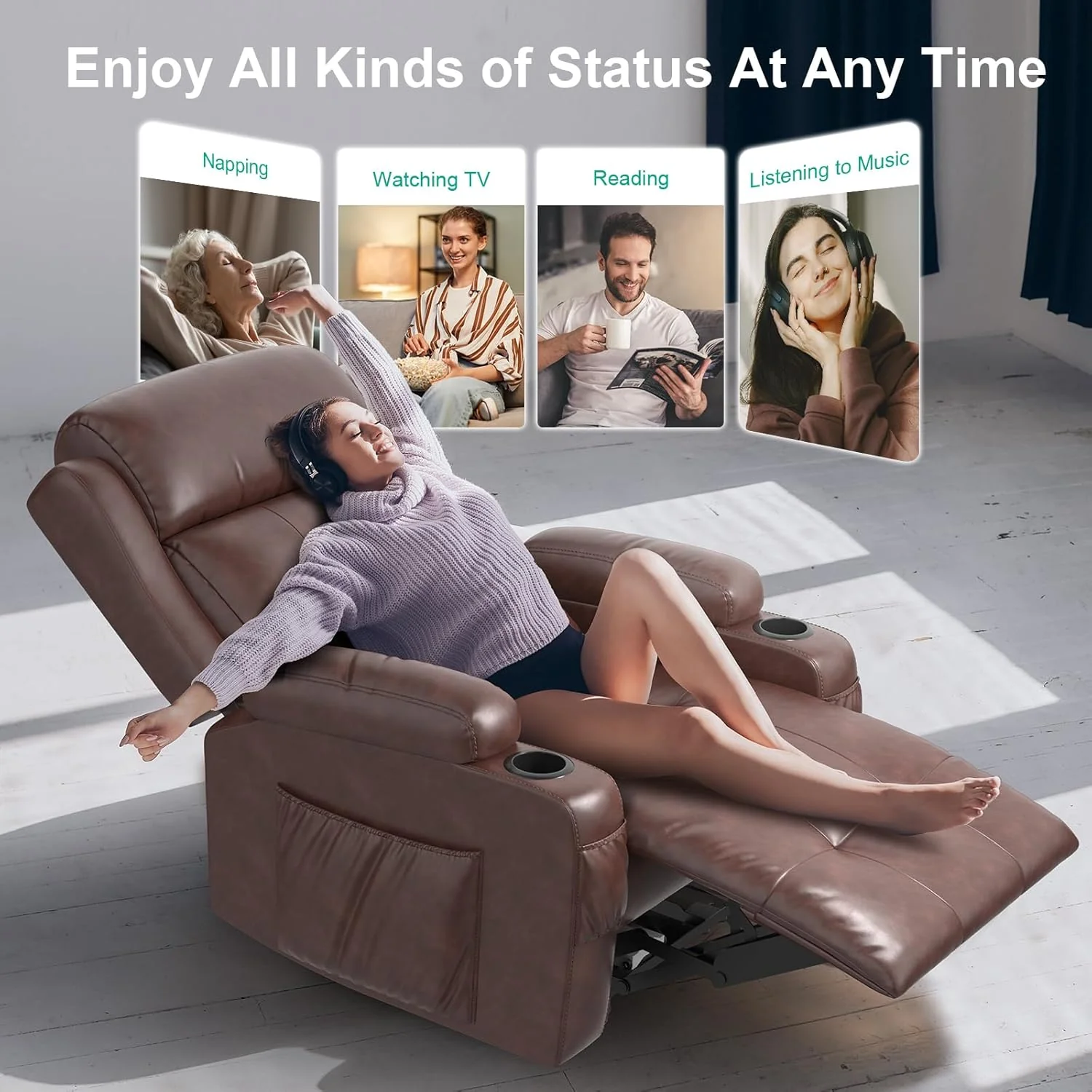 Relaxation chair, TV chair, electrically adjustable massage chair with heating function, footstool, 2 side bag drink racks, C-shaped and USB ports, living room TV chair