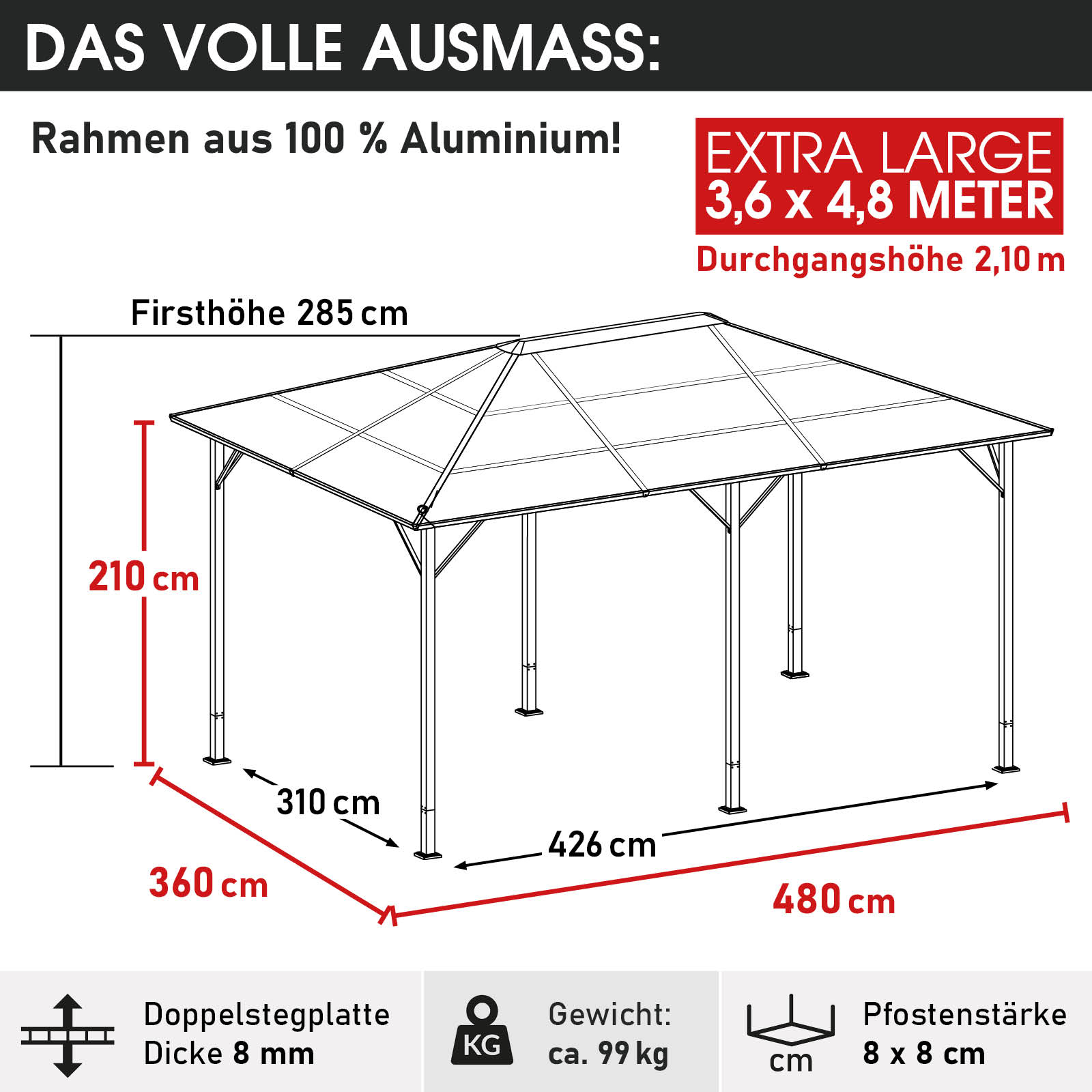 BRAST Alu-Pavillon PREMIUM 3,6x4,8m beige inkl. LEDs