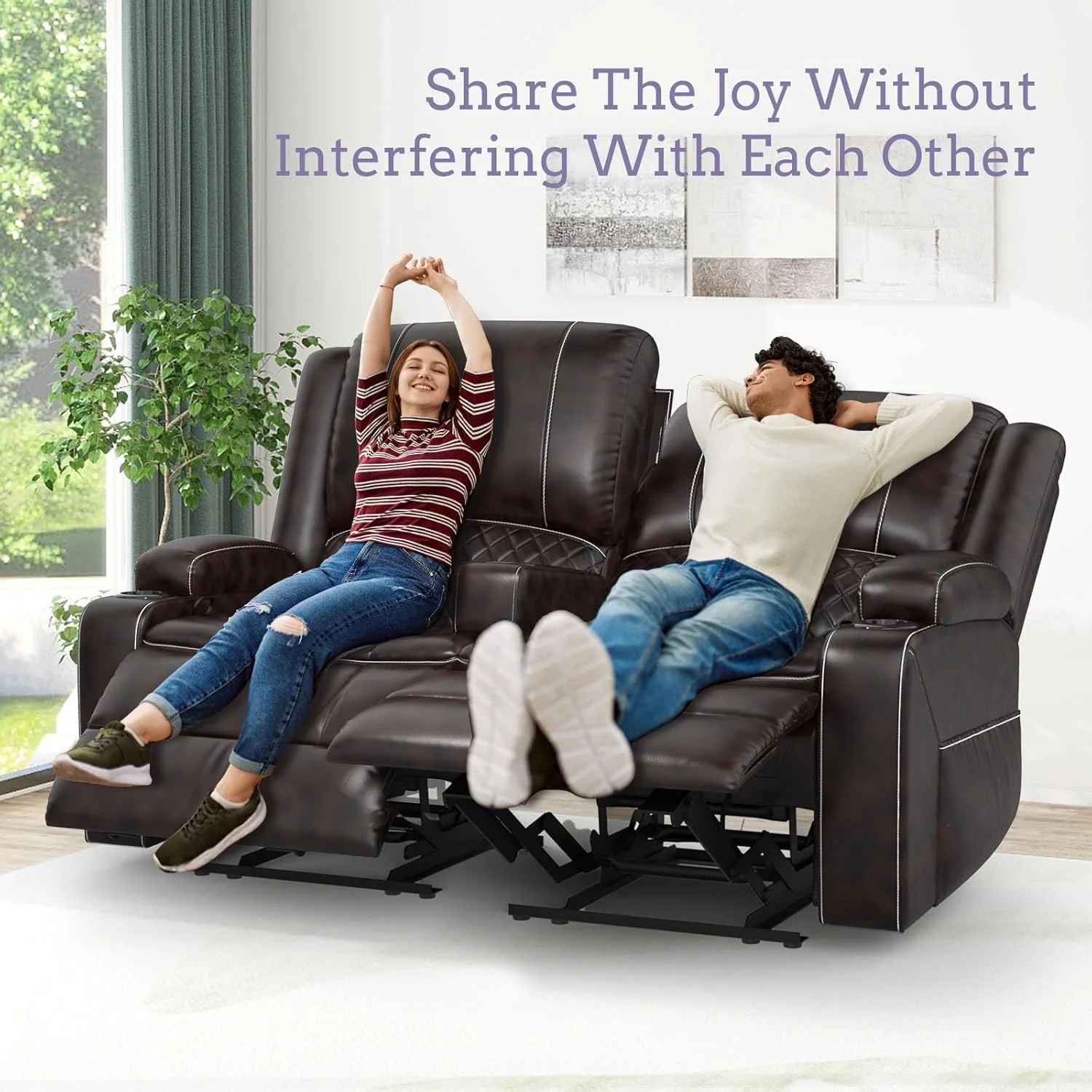 The two-seater sofa is adjustable. It features a semi-automatic relaxation function, a relaxation chair cover, an internal tray stand on the control console, dual USB ports, and side pockets