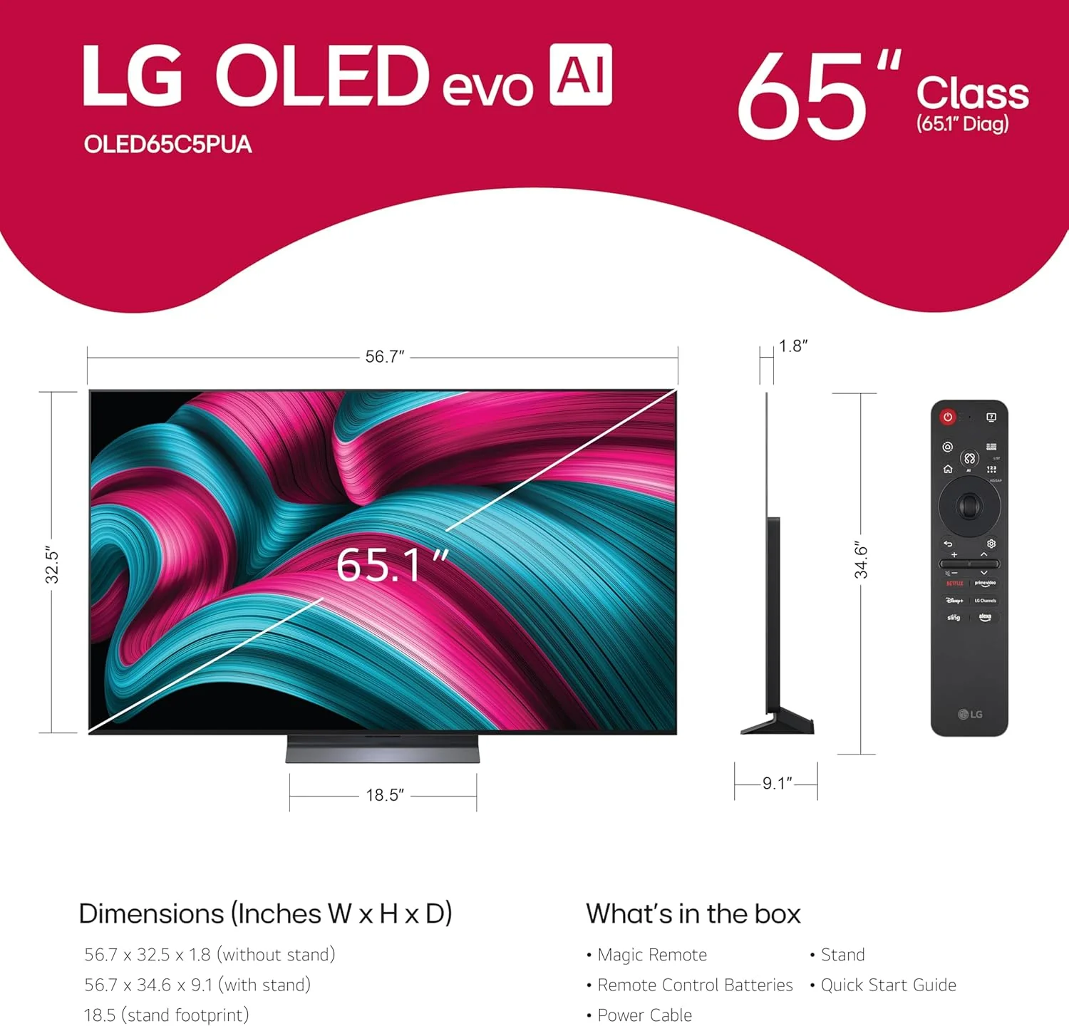 LG 65-Inch Class OLED evo AI 4K C5 Series Smart TV w/Dolby Atmos, Dolby Vision, HDR10, AI Super Upscaling 4K, Filmmaker Mode, Wow Orchestra, Alexa Built-in (OLED65C5PUA, 2025)