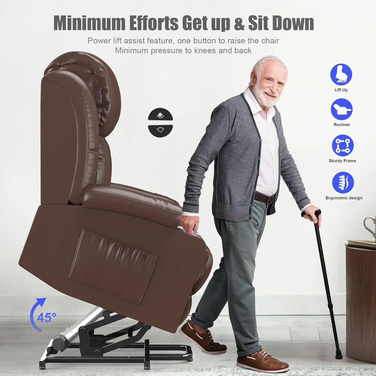 TV armchair, massage armchair, electric relaxation armchair with lounge chair function, stand up assist, massage heating, foot section, beverage rack, 4-side pocket, C-shaped and USB interface TV armchair lounge