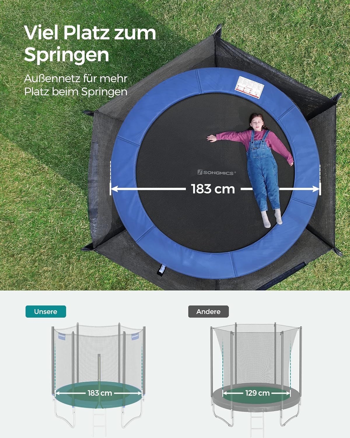 SONGMICS Trampolin Outdoor Ø 183cm, rundes Gartentrampolin mit Randabdeckung, mit Sicherheitsnetz, mit Leiter und gepolsterten Stangen
