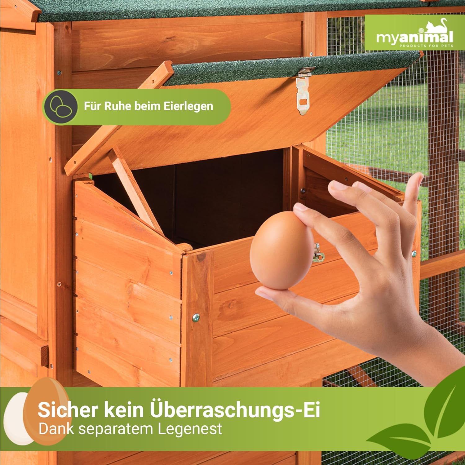 Miweba MyAnimal Hühnerstall MH-15 XXL | 186x146x147 cm - Für 7 Hühner - Nistkasten mit Freilaufgehege - Sitzstange - Winterfest - 2 Ebenen - Hühnerhaus mit Eiablage - Kiefernholz - Voliere (Braun)