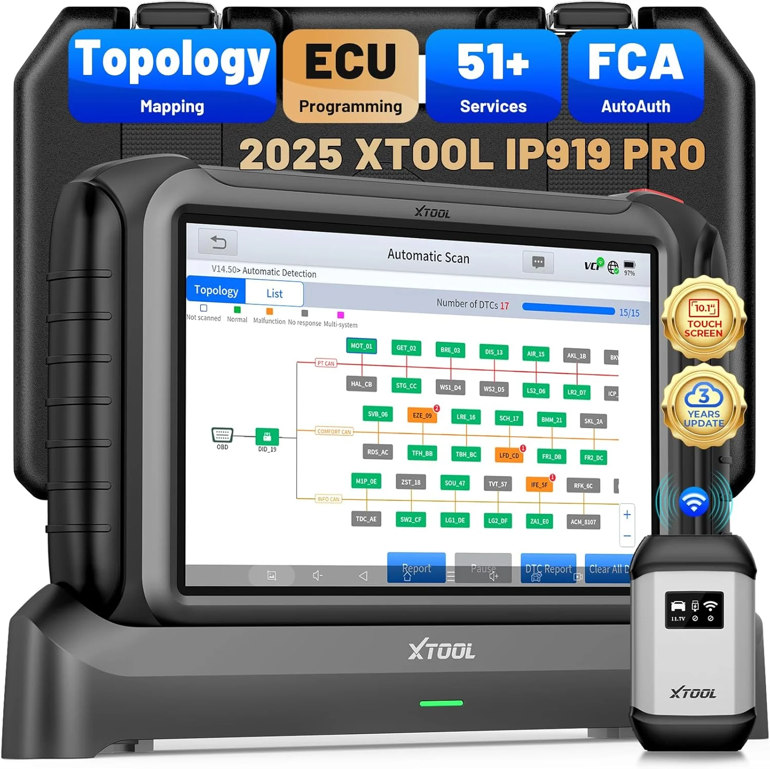 XTOOL IP919 PRO Scan Tool, ECU Pr0 gramming Car OBD2 Scanner with Topology Mapping, Upgrade of D9S PRO, 51+ Resets, ECU C 0ding, FCA/CAN FD/DoIP, Automotive Bidirectional Scan Tool with 3-Year Updates