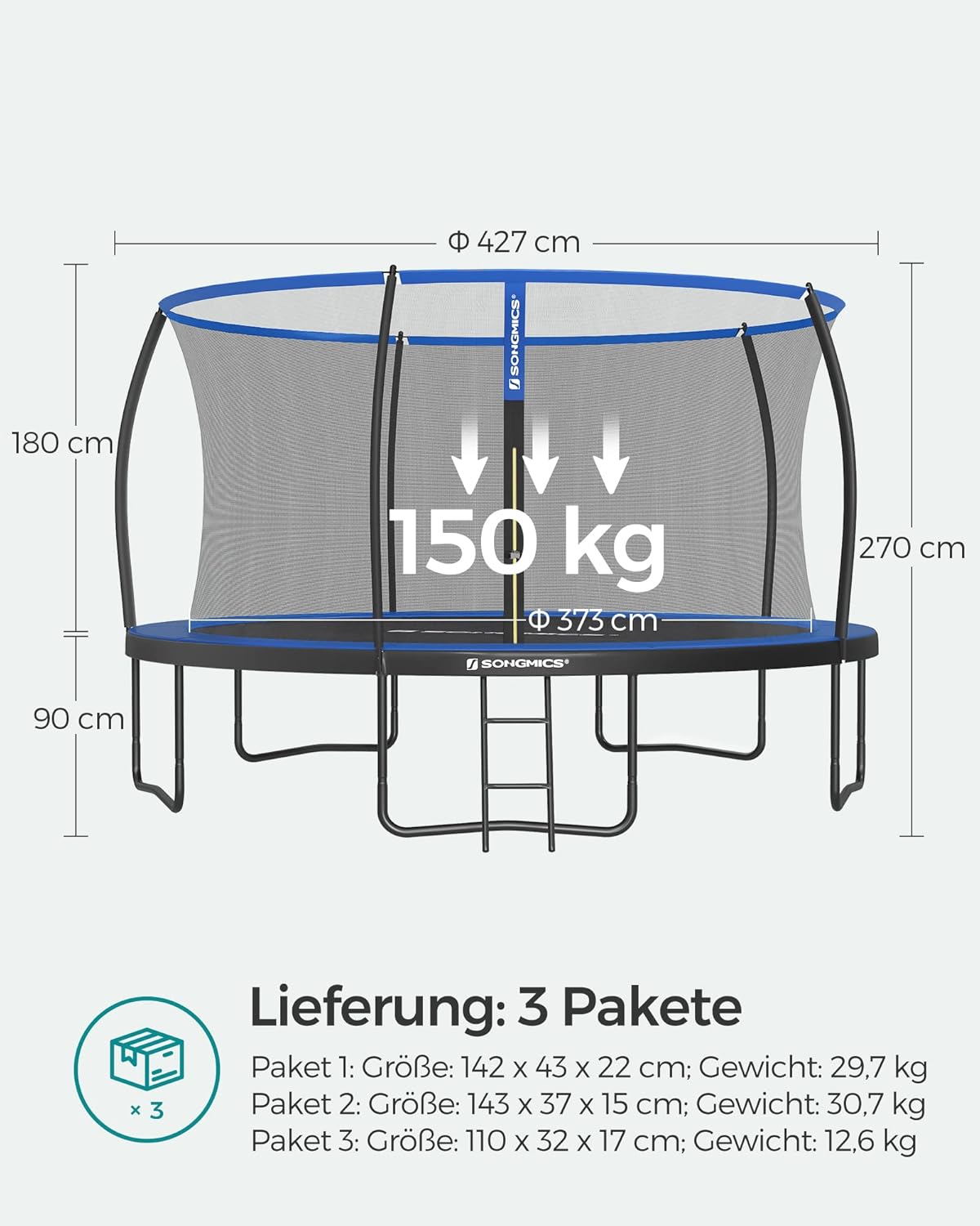 SONGMICS Outdoor Trampoline Ø 427 cm, Round Garden Trampoline for Children with Safety Net, Edge Cover, Ladder and Padded Poles