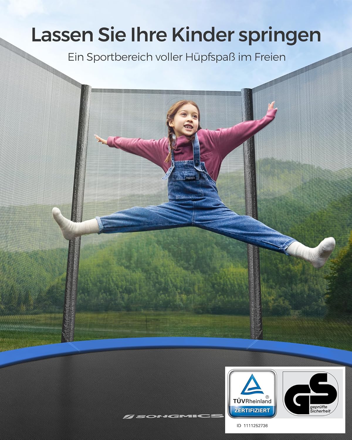 SONGMICS Trampolin Outdoor Ø 183cm, rundes Gartentrampolin mit Randabdeckung, mit Sicherheitsnetz, mit Leiter und gepolsterten Stangen