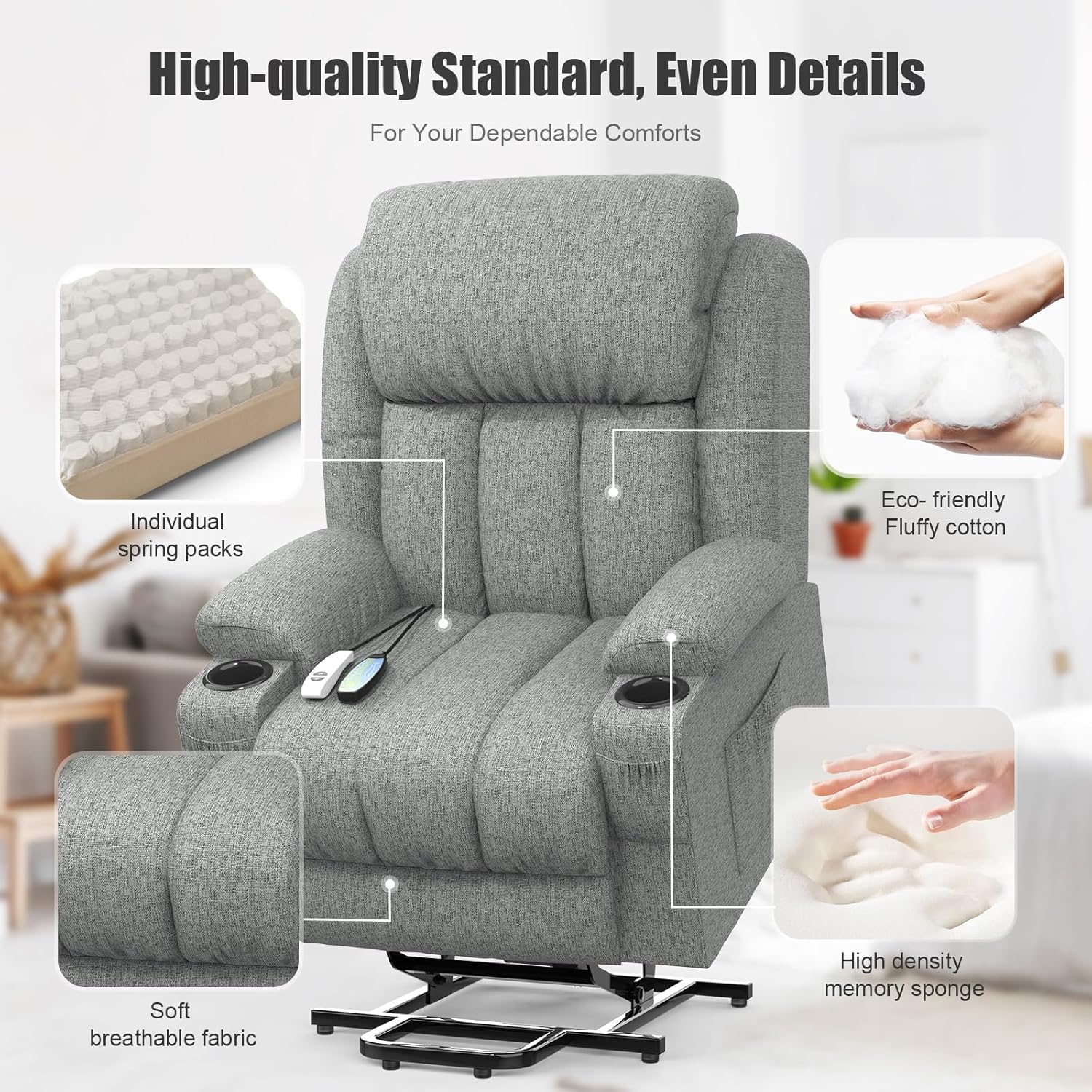 TV armchair, massage armchair, electric relaxation armchair with lounge chair function, stand up assist, massage heating, foot section, beverage rack, 4-side pocket, C-shaped and USB interface TV armchair lounge