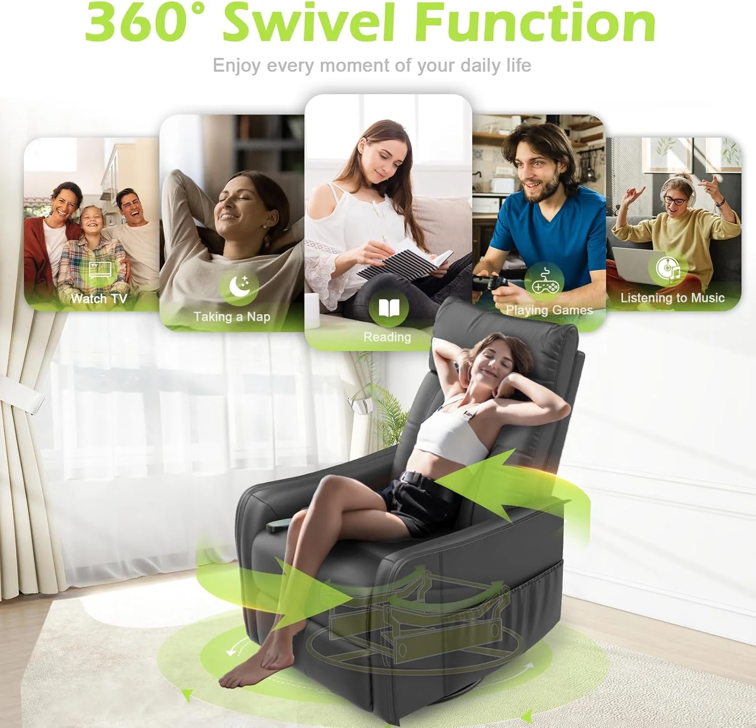 TV armchair with lounge chair, massage chair, relaxation chair with heating and massage, 360° rotating TV armchair, living room, swing chair with soft cushion headrest, 2 side pockets