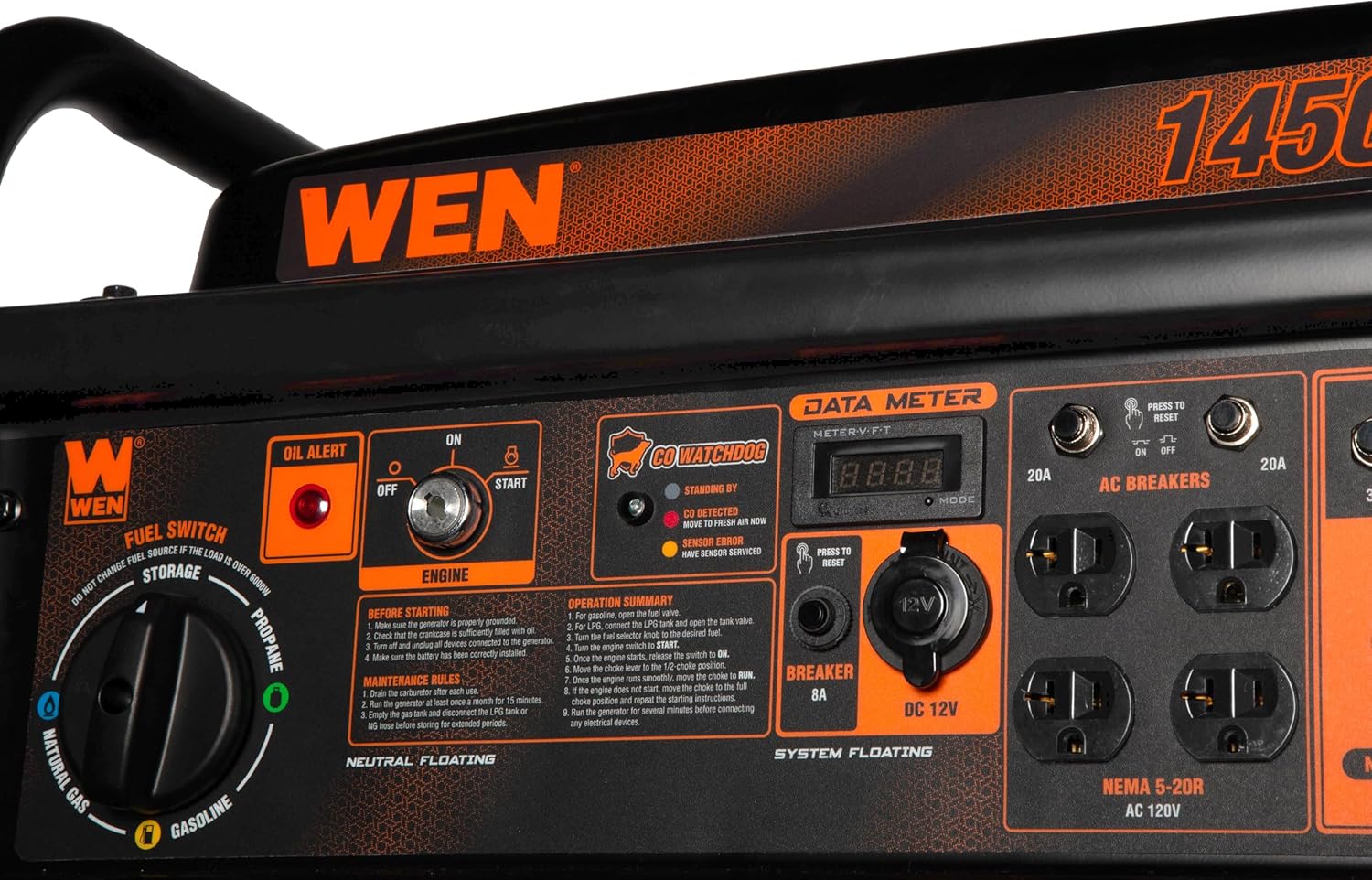 WEN 14,500-Watt 120V/240V Tri-Fuel Generator for Gas, Propane, and Natural Gas, Transfer-Switch Ready with Electric Start, Wheel Kit, and CO Watchdog (TF1450X)