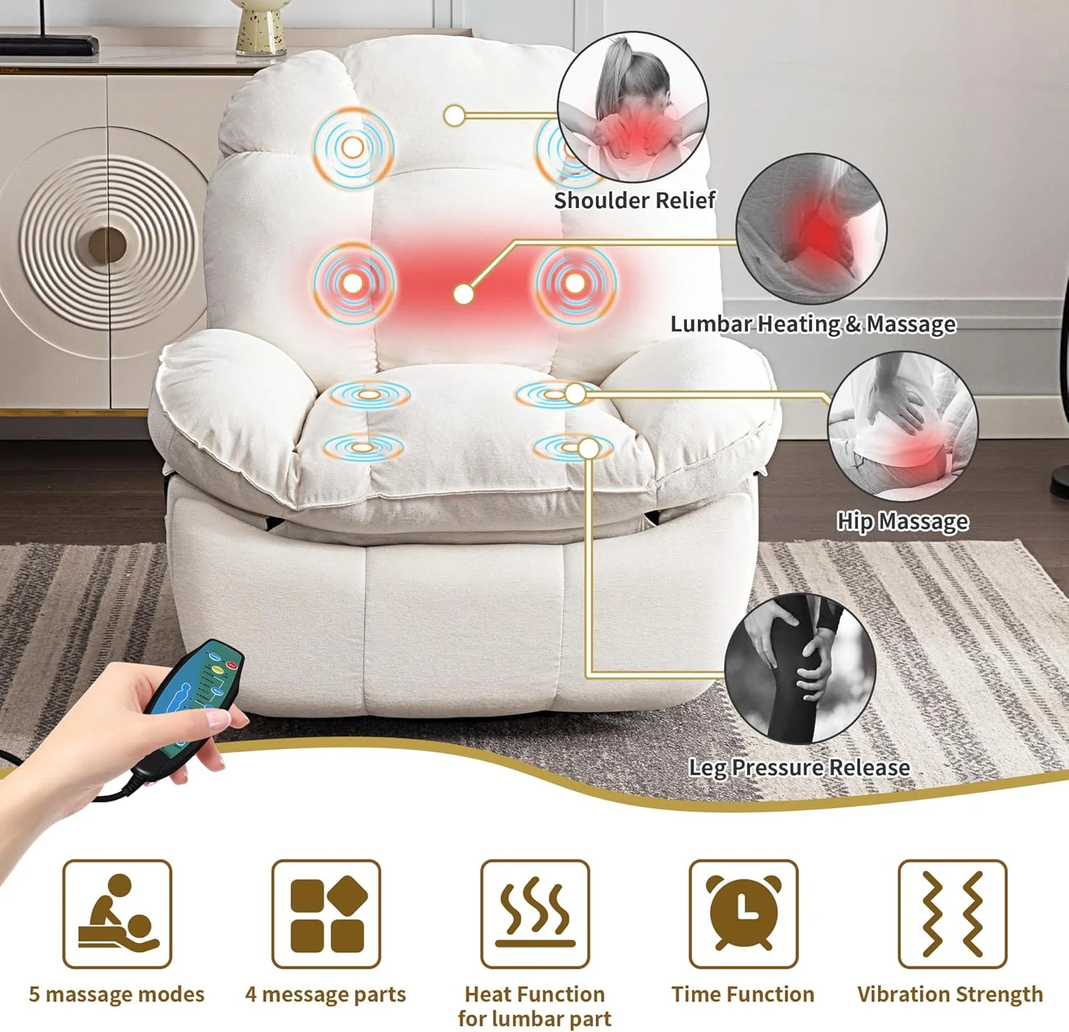 Electric, massage chair with charging and heating connection, TV chair, electrically adjustable living room, backrest and leg stool can be adjusted separately (white)