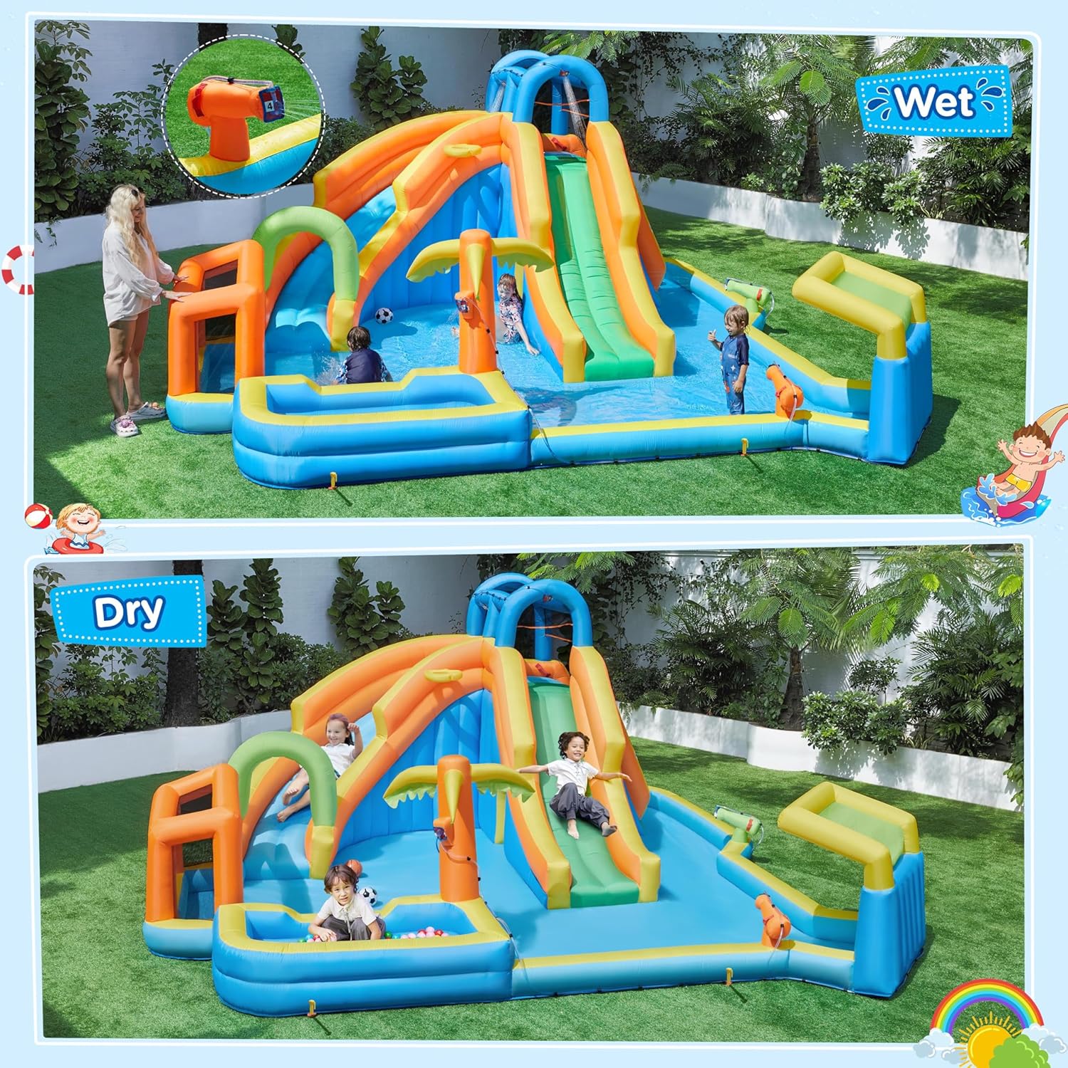 Yaheetech Inflatable Water Slide w/ 2 Long Slides & Large Climbing Wall & Small Deeper Pool & Awning, 11-in-1 Outdoor Blow Up Water Slide w/Storage Bag & 950W Blower
