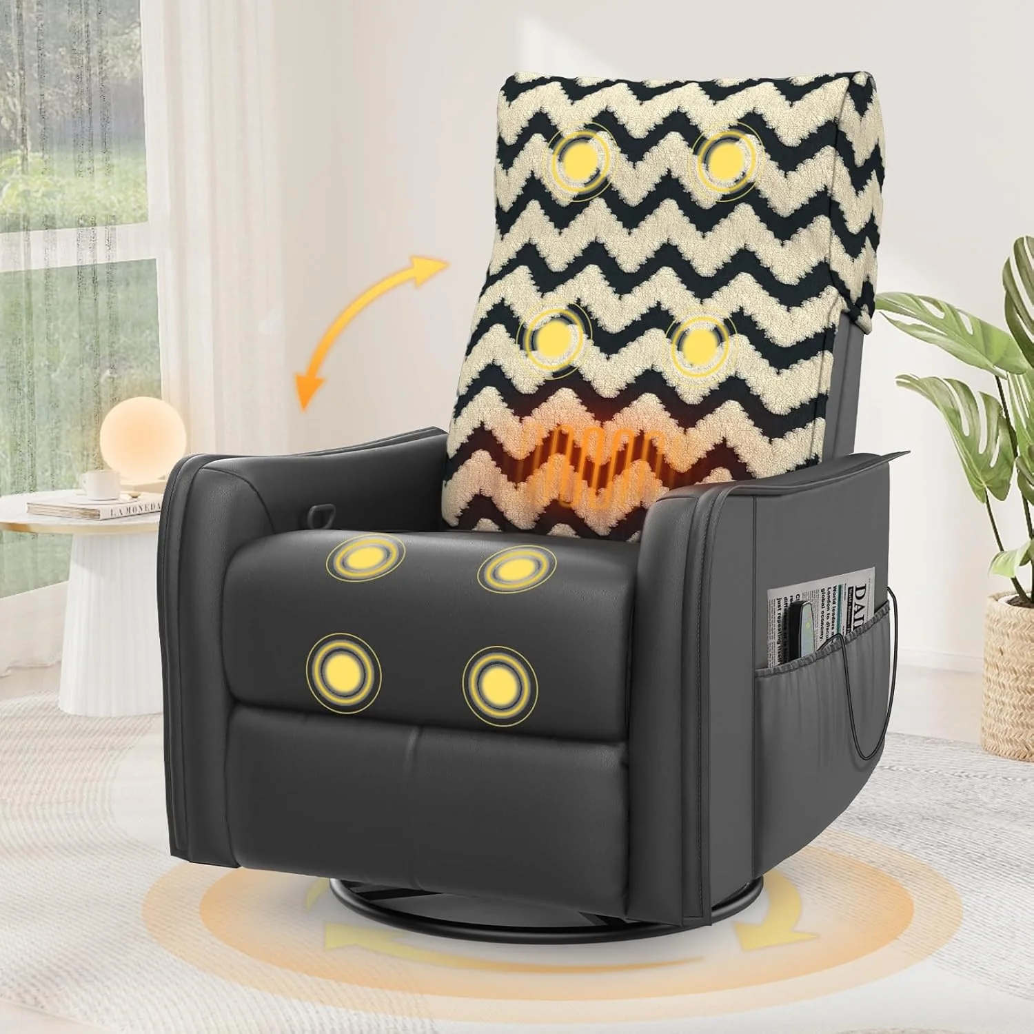 TV armchair with lounge chair, massage chair, relaxation chair with heating and massage, 360° rotating TV armchair, living room, swing chair with soft cushion headrest, 2 side pockets