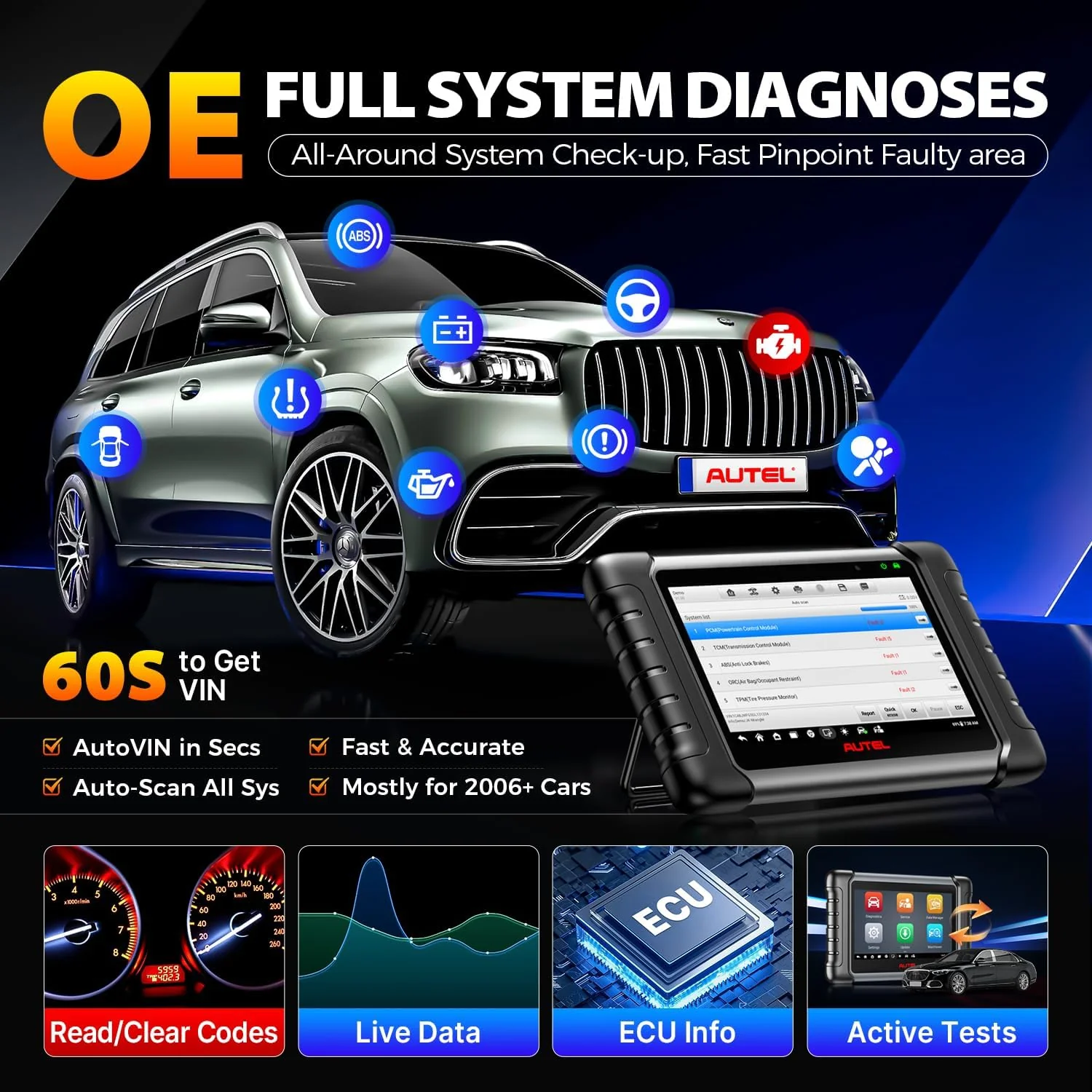 Autel Scanner MaxiCheck MX808S, 2025 US Ver of MaxiCOM MK808S MK808Z, Full Bidirectional Diagnostic Scan Tool as MK900 MX900 MK900BT MK808BT PRO, 3K+ Active Test, 28+ Service, OE All System, OS11, FCA