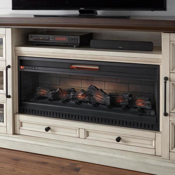 Cecily 72 in. Freestanding Electric Fireplace TV Stand in Antique White with Warm Charcoal Top Finish