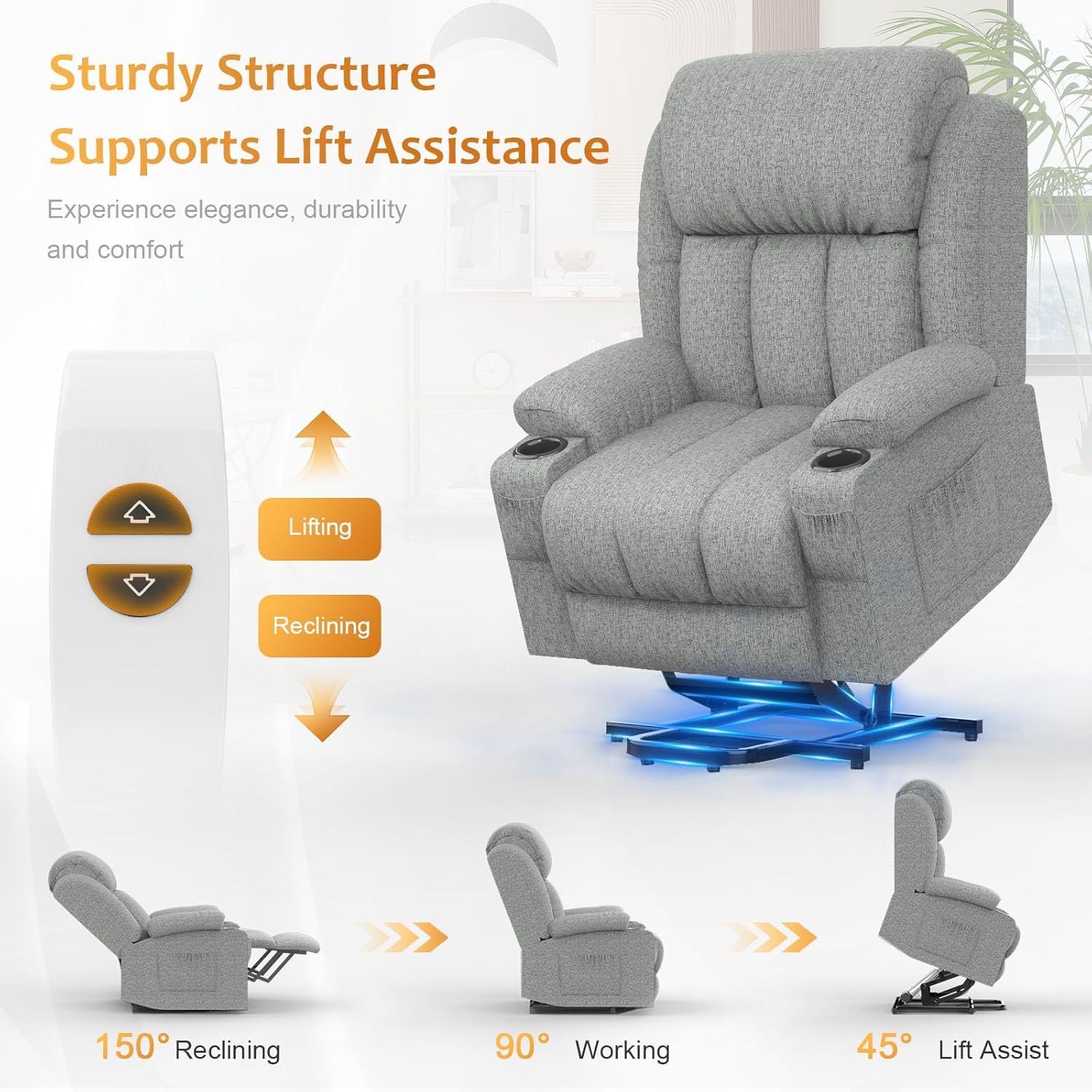 The TV armchair is electrically adjustable, featuring a standing-assisted massage armchair with massage heating function. It is an elderly armchair with 2 side pockets and a beverage rack, and is connected via USB+ c type