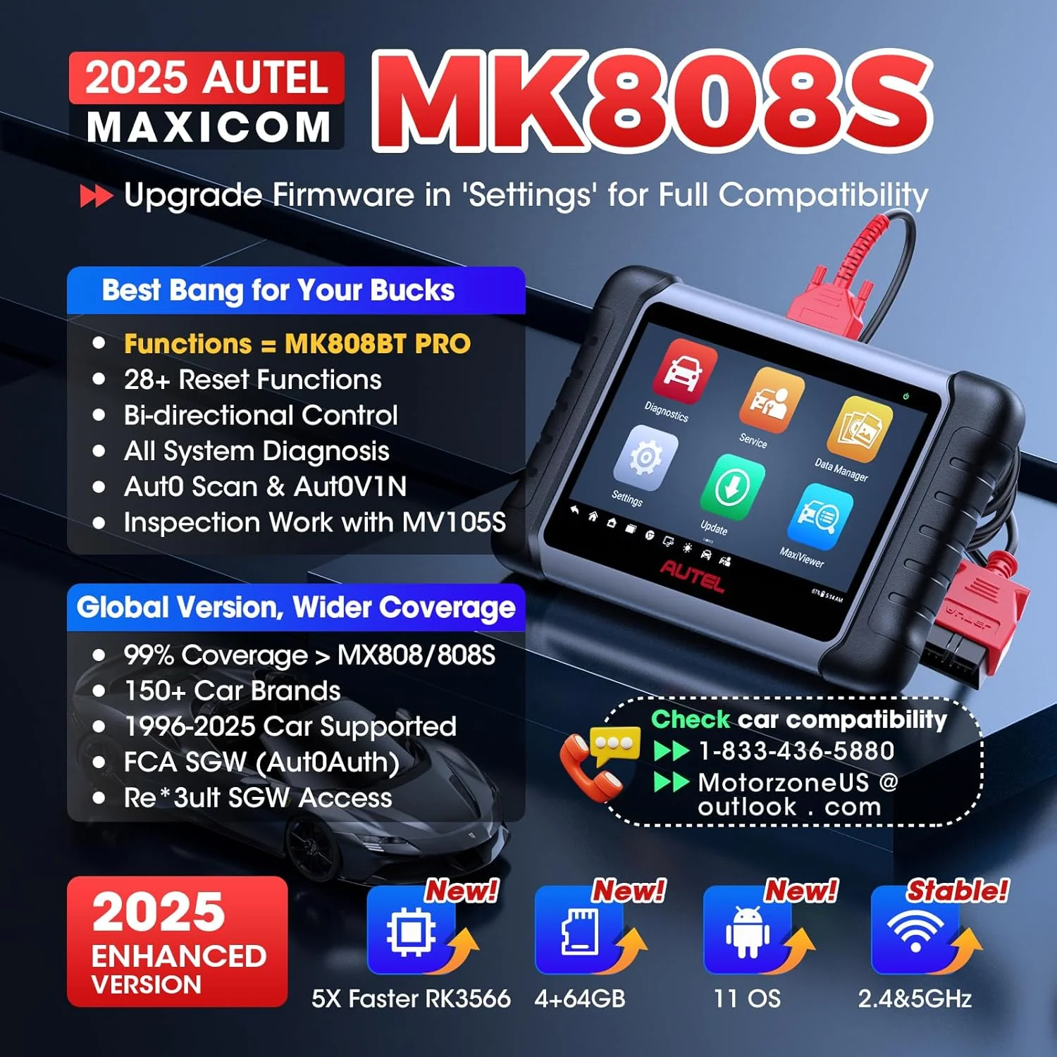 Autel Scanner MaxiCOM MK808S: 2025 Bidirectional Tool as MK808BT Pro MX808S M808Z, Work as MaxiCheck MX900 MK900BT, 28+ Service, Active Test, All System Diagnose, Injector C0ding, FCA Autoauth OS 11