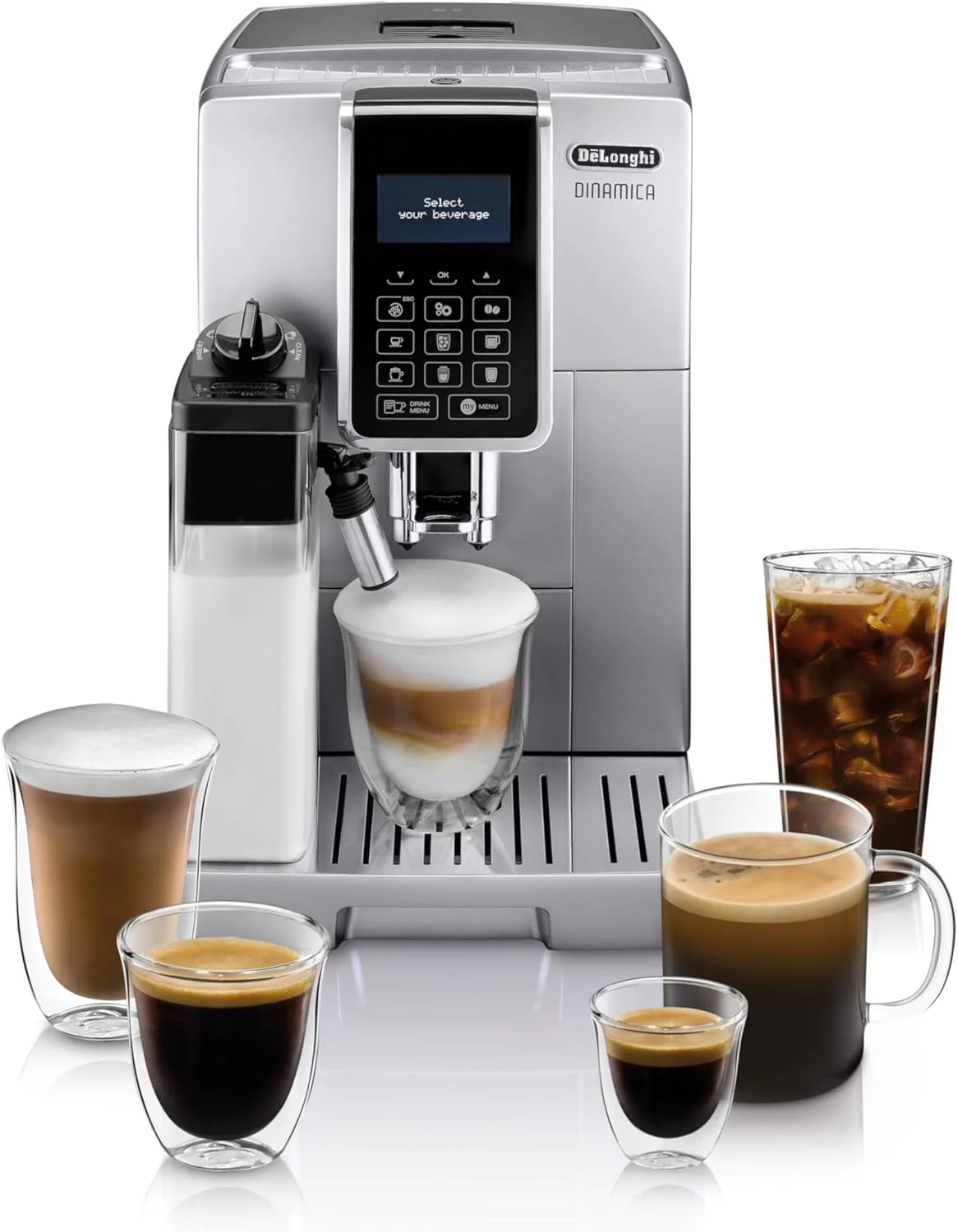 De'Longhi Dinamica LatteCrema Espresso Machine with Automatic Milk Frother for Latte, Cappuccino, Built-in Grinder, Silver, ECAM35075SI