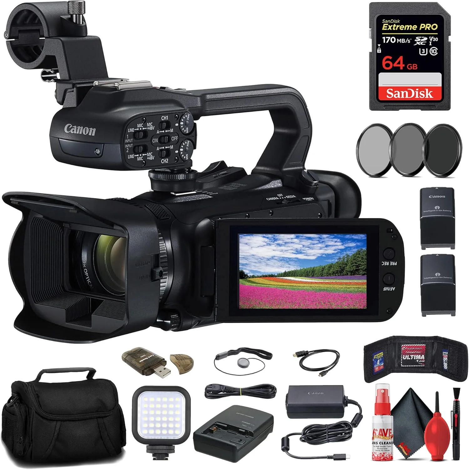 Canon XA60 Professional UHD 4K Camcorder (5733C002) + 64GB Memory Card + BP828 Battery + Charger + Filter Kit + Bag + LED Light + Card Reader + HDMI Cable + Memory Wallet + Cap Keeper + More (Renewed)