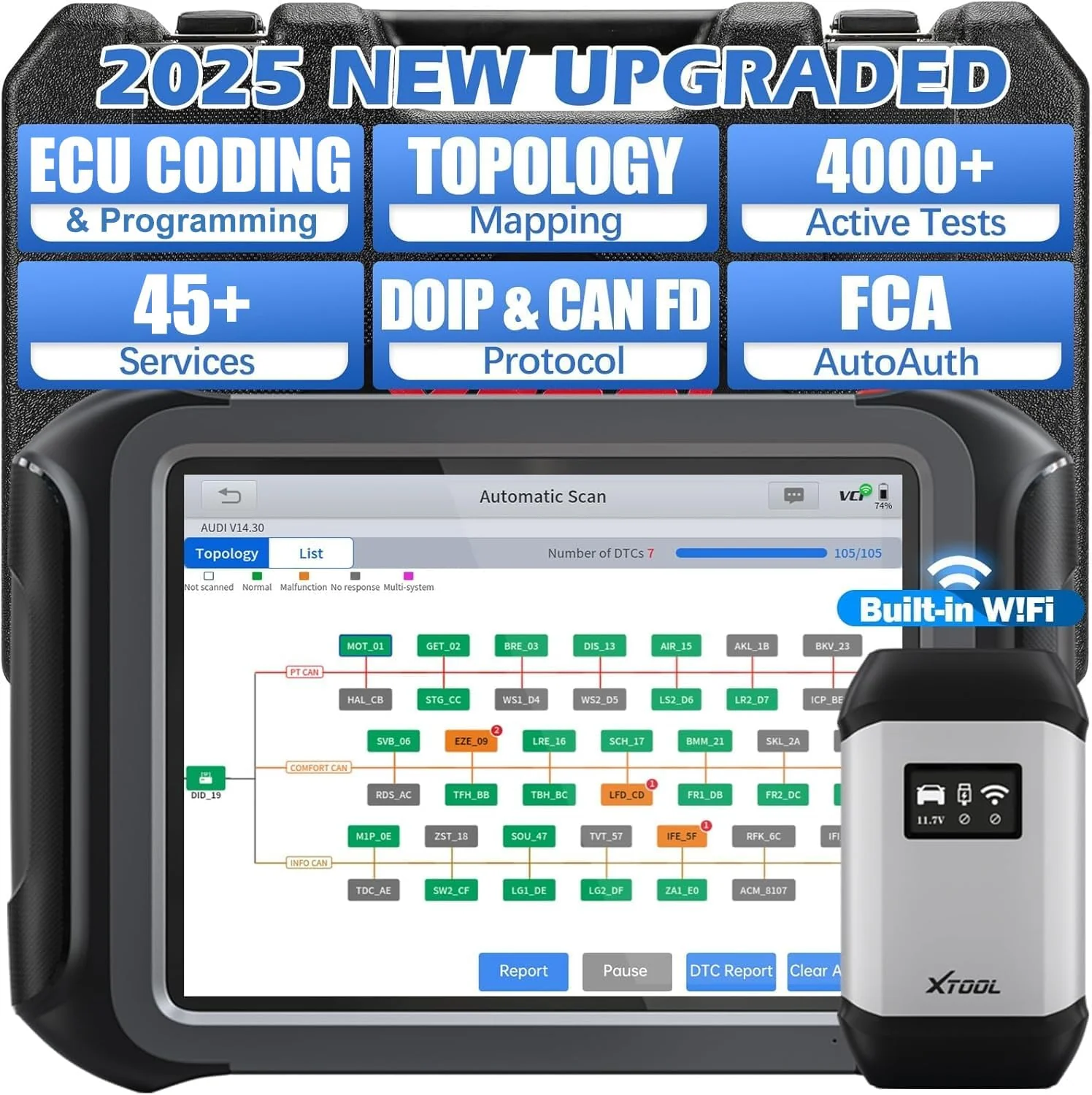 XTOOL D9S Automotive Diagnostic Tool, Wireless OBD2 Scanner with ECU C0ding, Topology, Bidirectional Scan Tool 2.0 with FCA, 45+ Resets, Full System, PMI, CAN FD/DoIP, 3-Yr Update