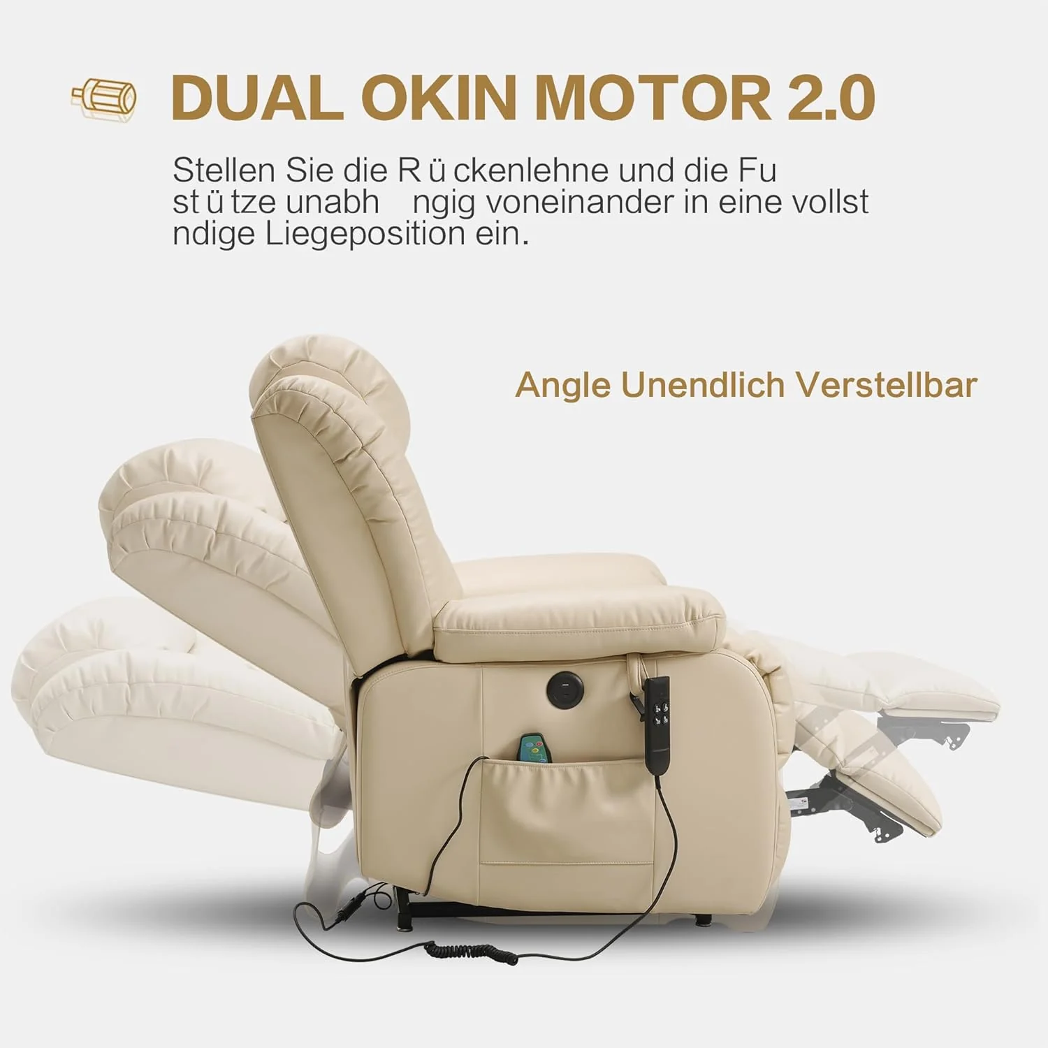 2-motor 180° electric relaxation chair, sleep chair, massage chair, vibration and heating (beige)