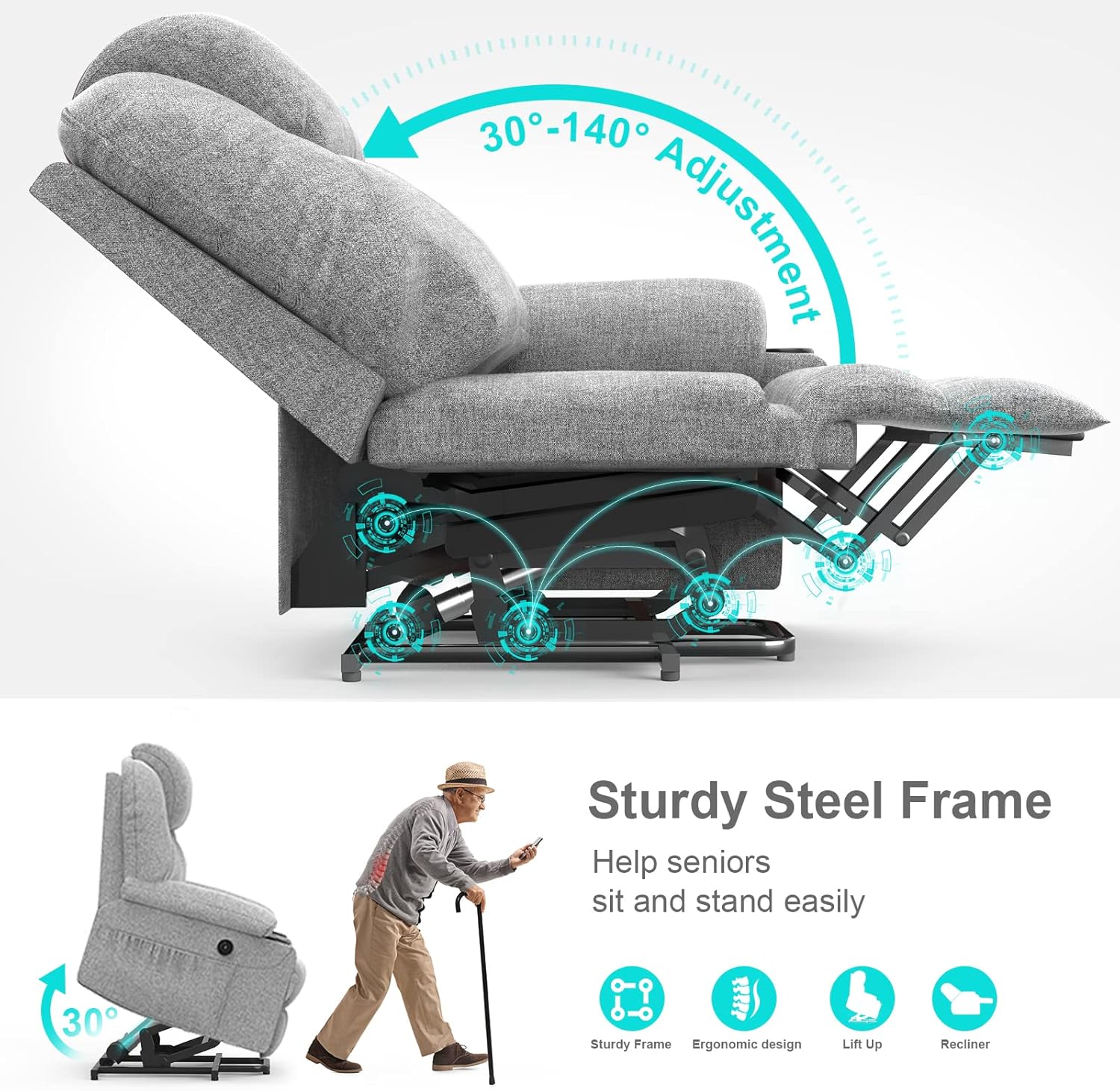 TV armchair is electrically adjustable, an auxiliary massage chair with massage heating function, a high-end armchair, a relaxation chair with feet, 2 side pockets and a drink rack, a USB interface, and is gray