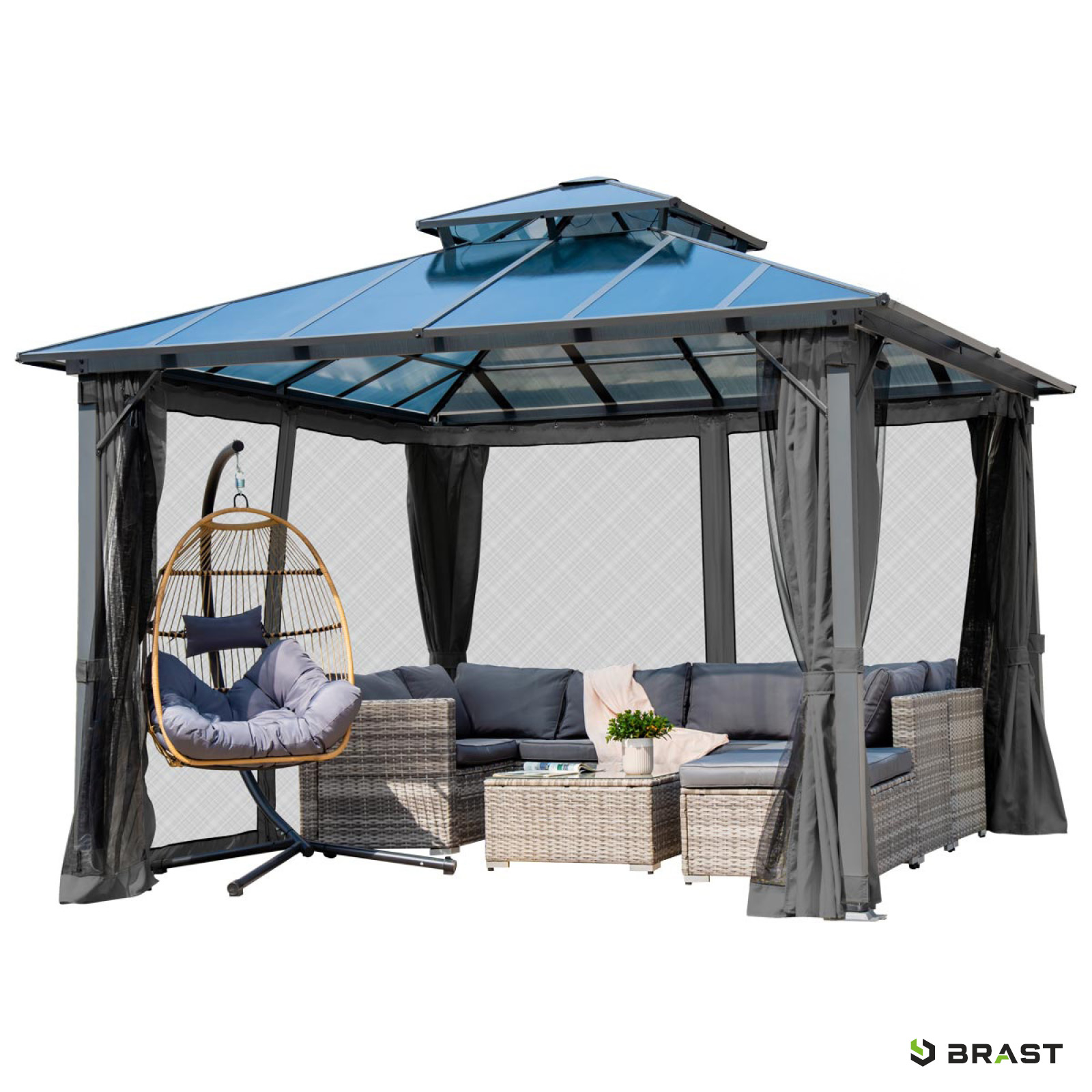 BRAST Alu Pavillon PAGODE 3,5x3,5m dunkelgrau mit Moskitonetz