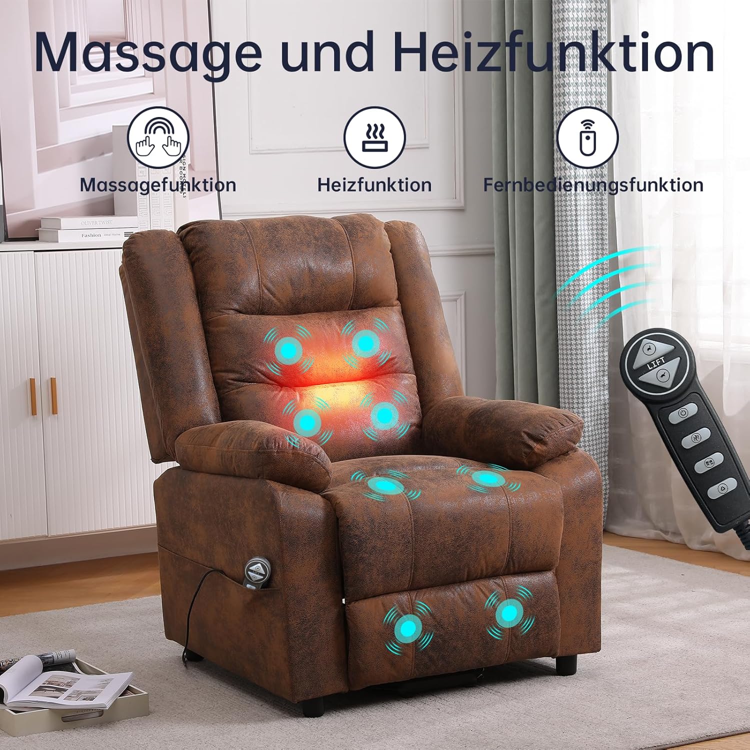 Electric TV chair with standing assistance, massage chair with heating function, adjustable remote control with lying function, sleep function and foot, weighing 220 kilograms, brown suede