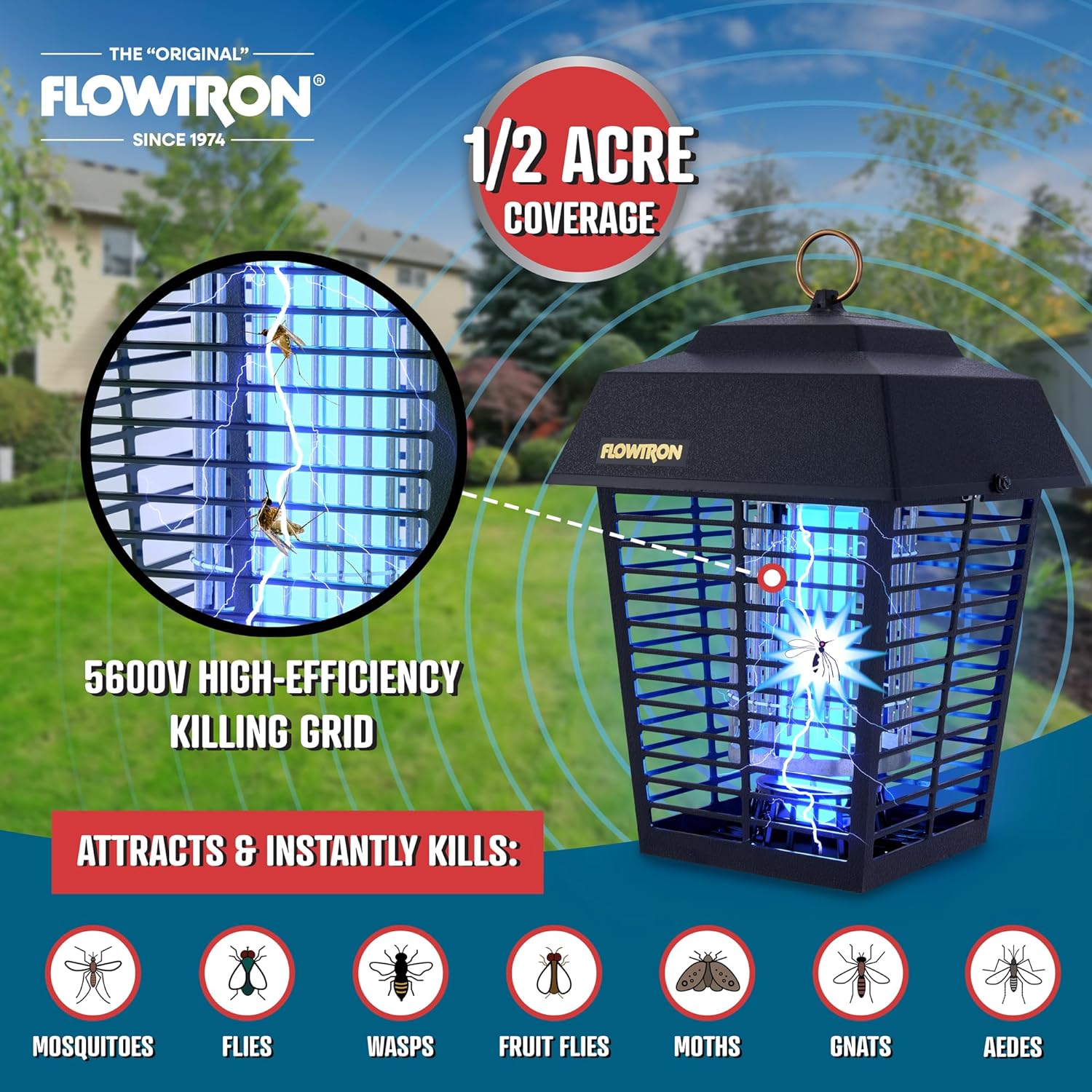 Flowtron Electric Bug Zapper 1/2 Acre Outdoor Insect Control with Dual Lure Method, 15W UV Light & Octenol Attractant for Fly & Mosquito, 5600V Kill Grid, Made in USA, UL Certified