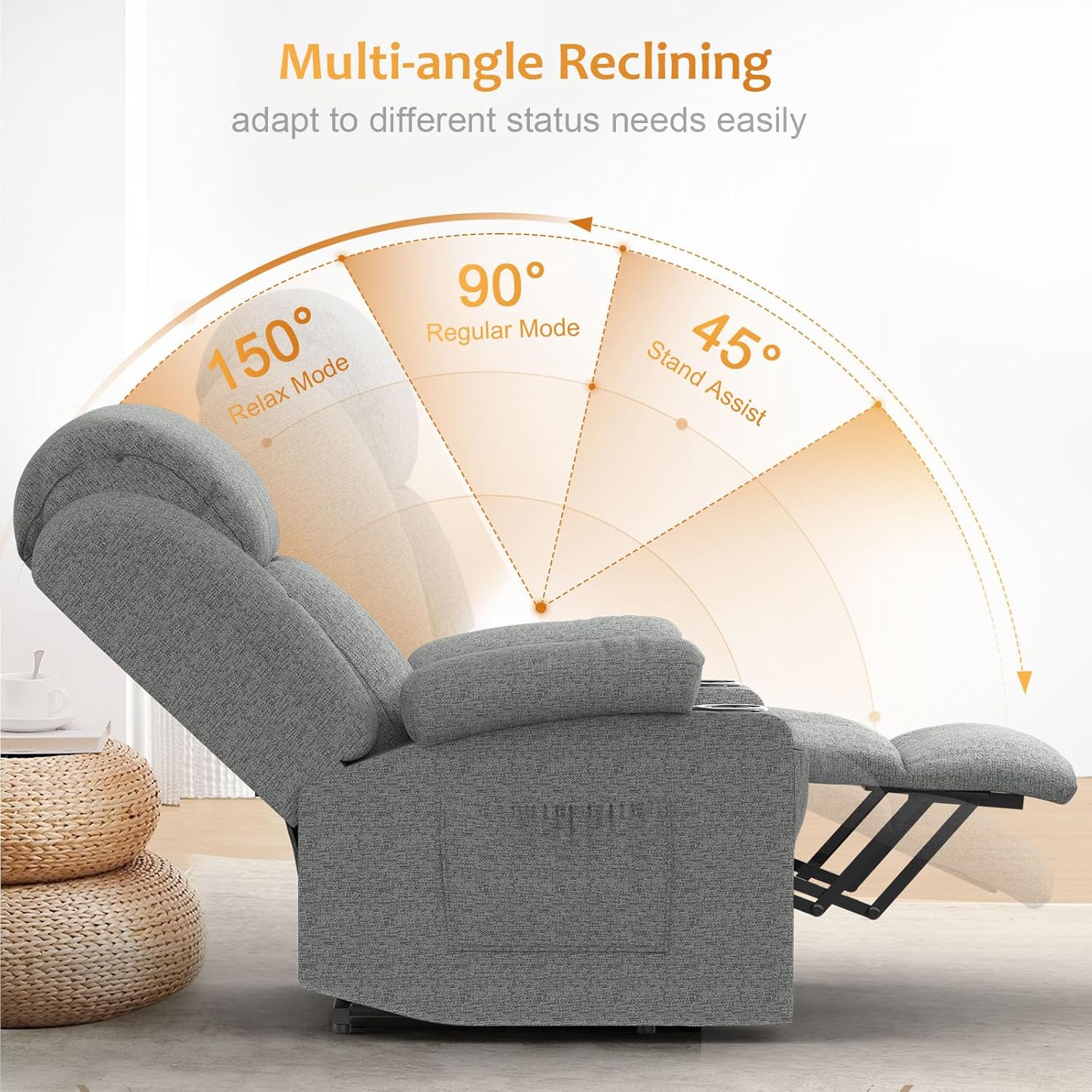 The TV armchair is electrically adjustable, featuring a standing-assisted massage armchair with massage heating function. It is an elderly armchair with 2 side pockets and a beverage rack, and is connected via USB+ c type