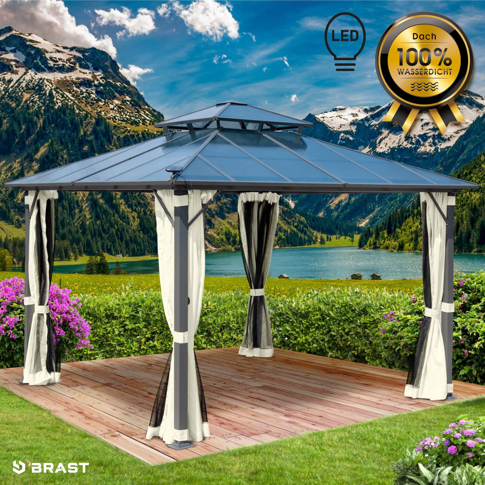 BRAST Alu Pavillon PAGODE 3,5x3,5m beige mit Moskitonetz & LED-Beleuchtung