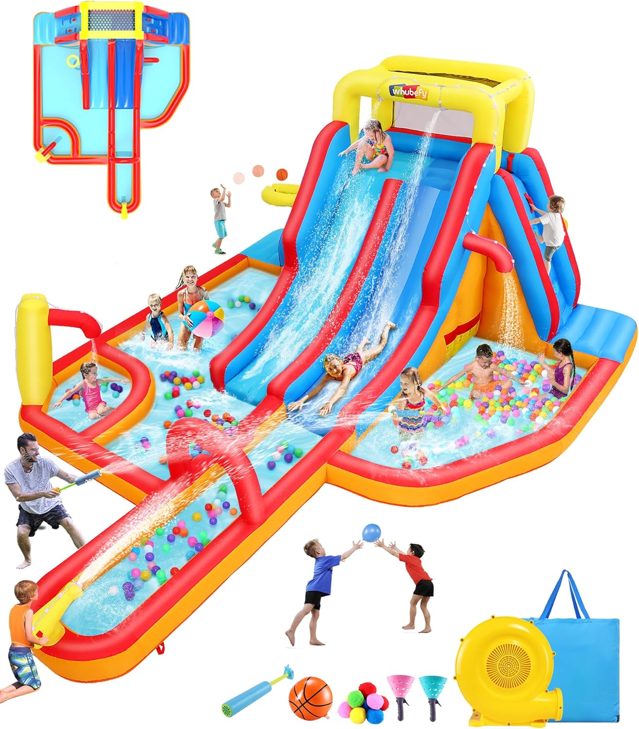 Whubefy 18Ftx14Ft Inflatable Water Slide Park Kids 3-12, Big Waterslide Bounce House with Extra Long Slides, Splash Pool, Kiddie Pool, Blow Up Water Slides Inflatables for Kids Backyard Water Fun