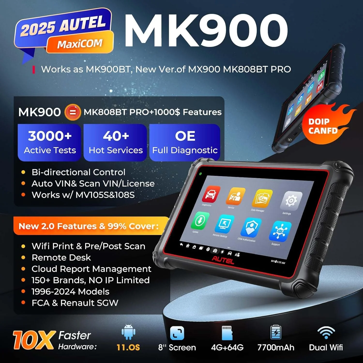 Autel Scanner MaxiCOM MK900, 2025 MK900 2.0 Bidirectional Diagnostic Tool as MK900BT, Pro Ver. of MX900 MK808S MK808BT MX808S MK808Z, 40+ Resets, 3000+ Active Tests, All Sys, CAN-FD&DOIP, OS 11, FCA